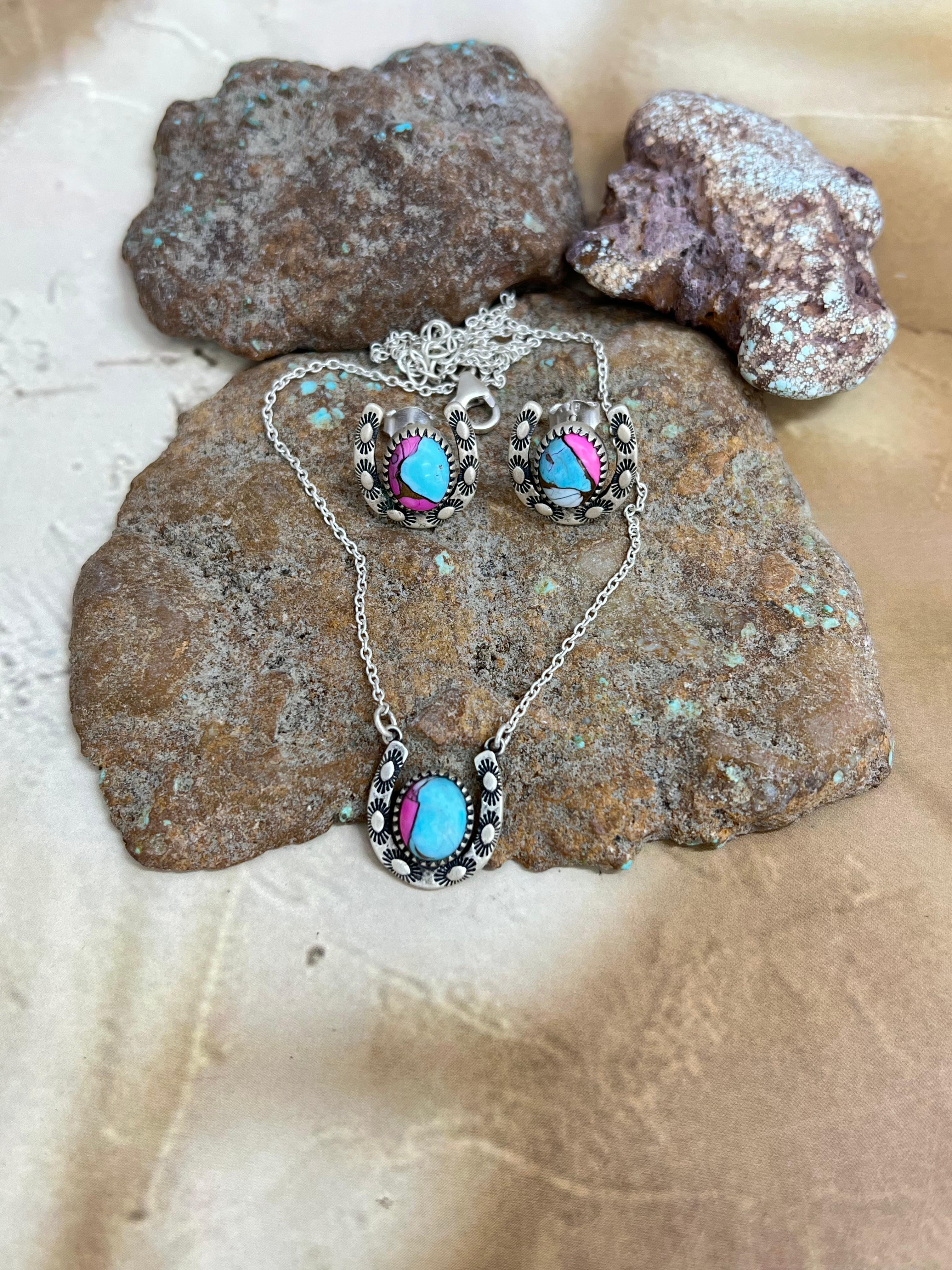 Handmade Sterling Silver Cotton Candy Turquoise Necklace Earrings Set, Signed Nizhoni