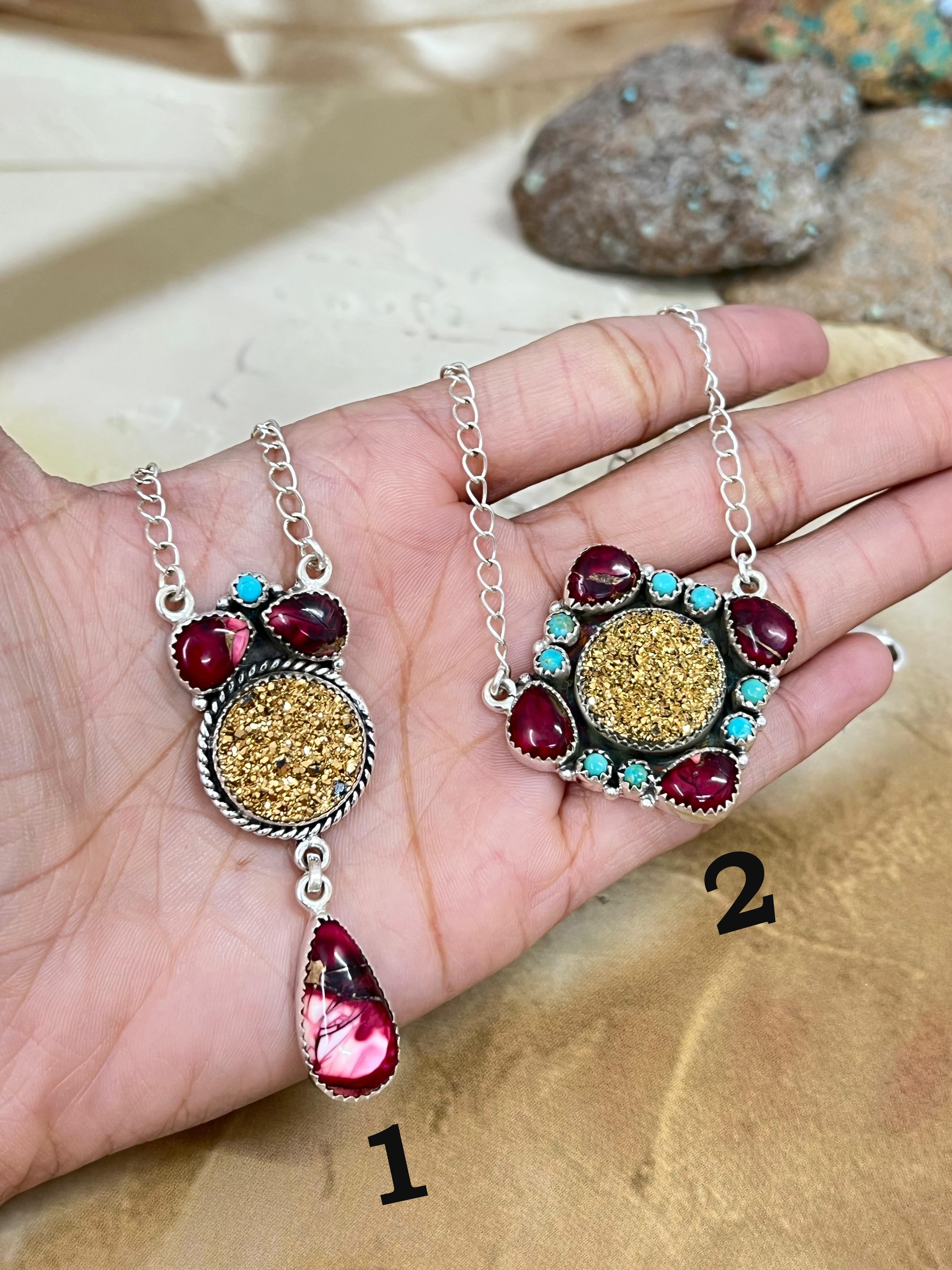 Handmade Sterling Silver Dahlia Rose with Druzy & Kingman Necklace, Signed Nizhoni