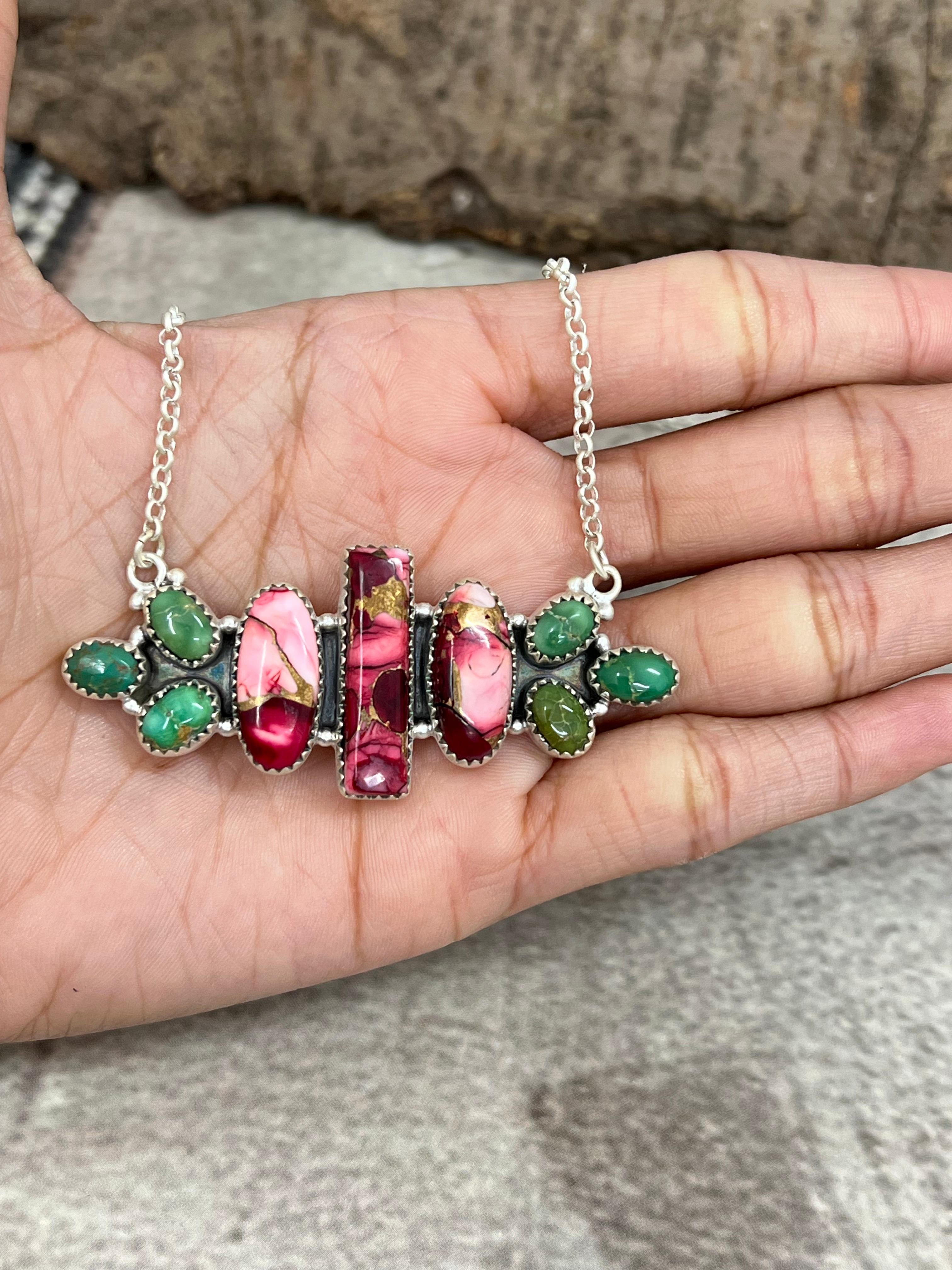 Handmade Sterling Silver Dahlia Rose with Emerald Valley Necklace with Signed Nizhoni