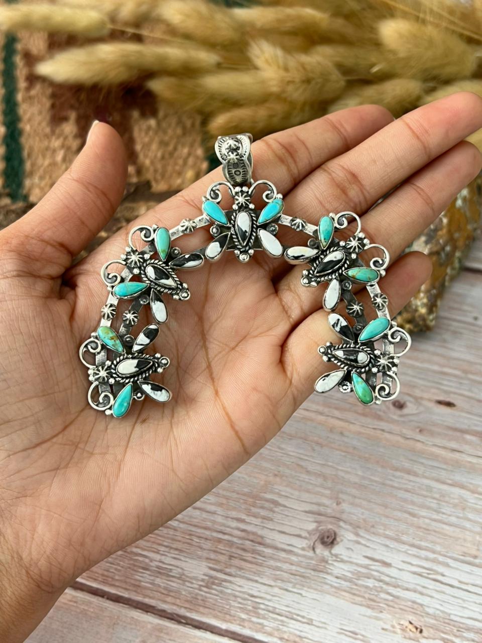 Handmade Sterling Silver Kingman Turquoise with White Buffalo Pendant "Signed Nizhoni"