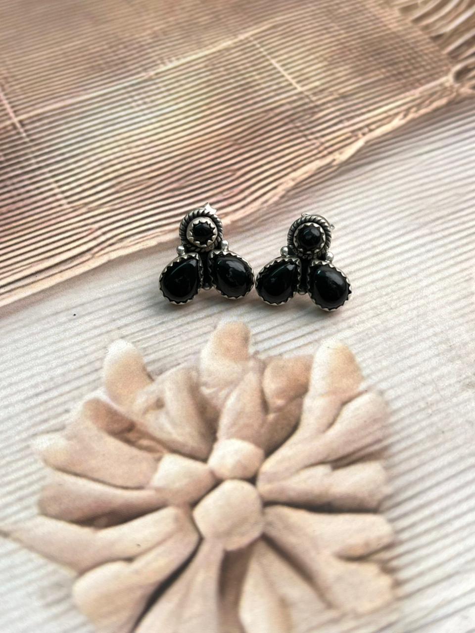 Handmade Sterling Silver Black Onyx Post Studs Earrings "Signed Nizhoni"