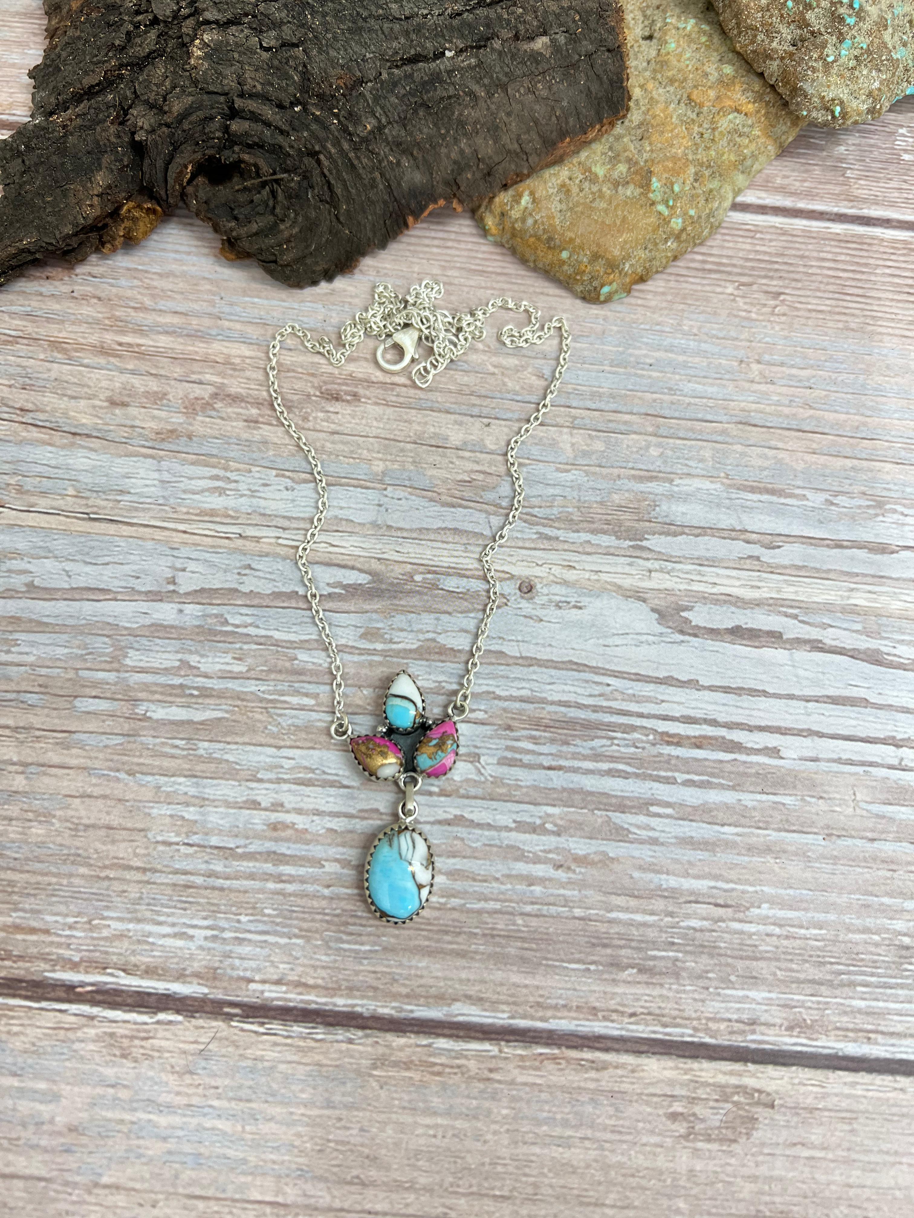Handmade Sterling Silver Cotton Candy Turquoise Necklace with Signed Nizhoni