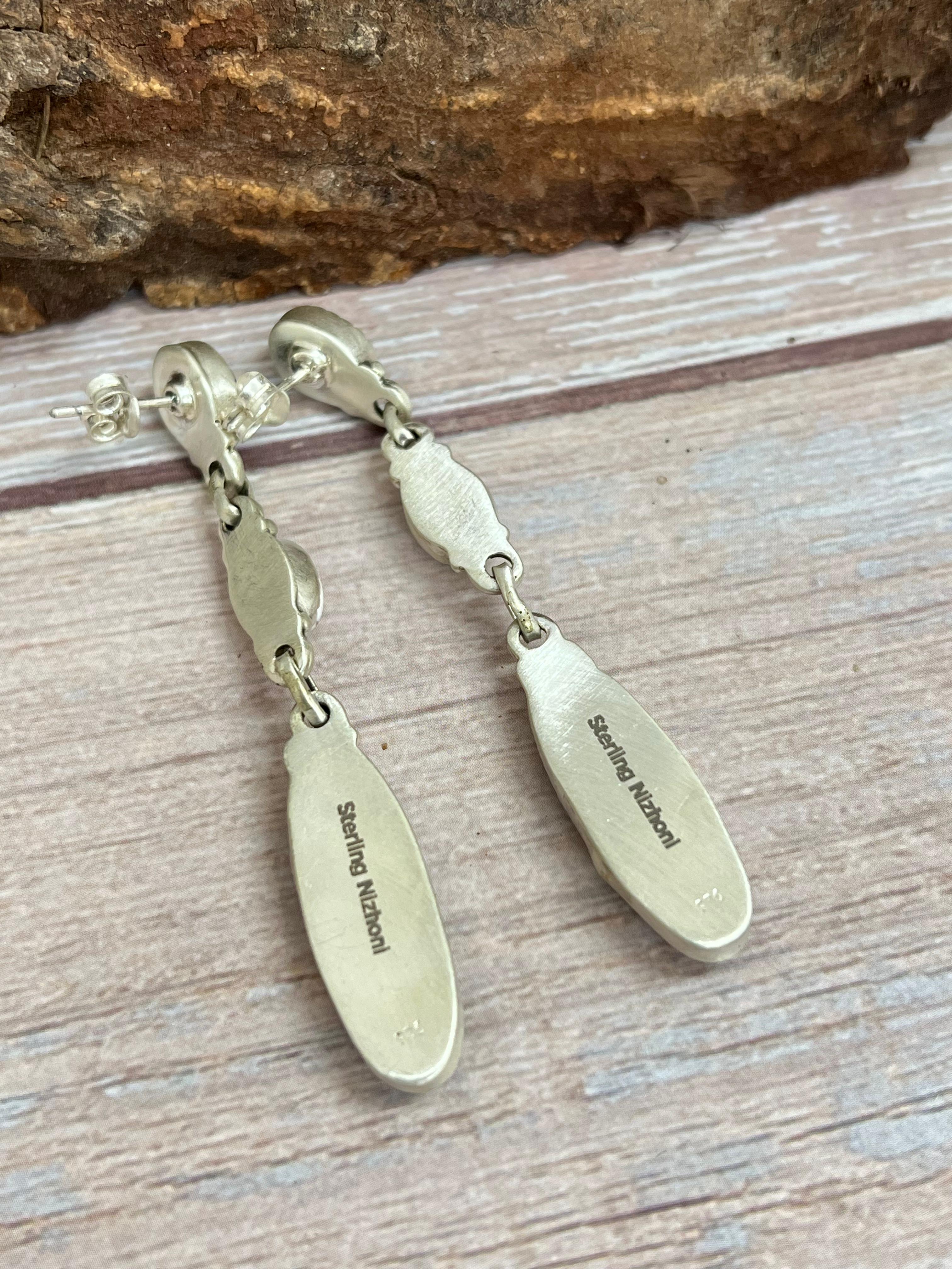 Handmade Sterling Silver Purple Kingman Mojave with White Buffalo Turquoise Dangle Earrings, Signed Nizhoni