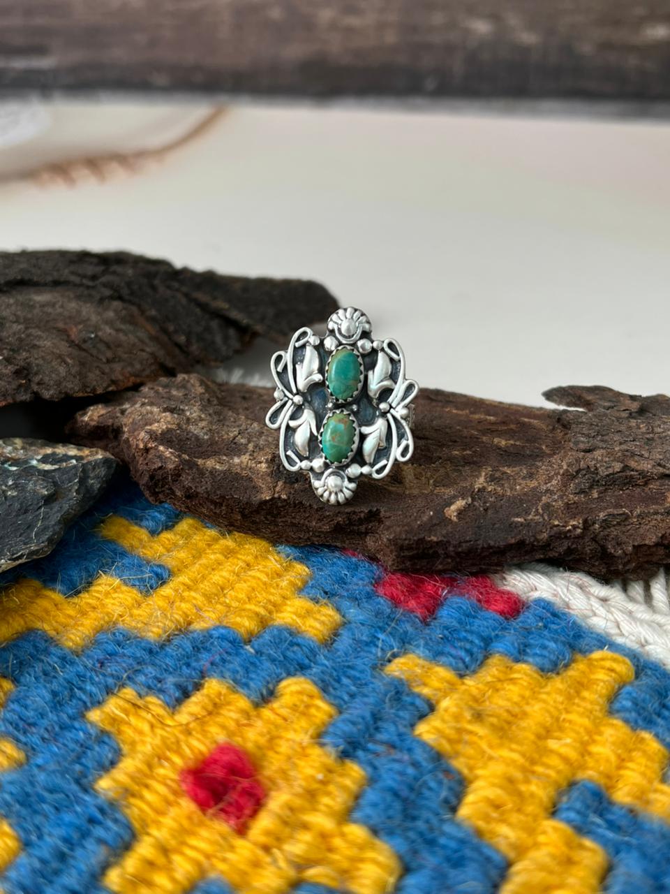 Handmade Sterling Silver Kingman Turquoise Adjustable Ring "Signed Nizhoni"