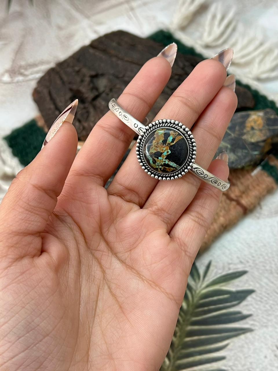 Handmade Sterling Silver Blackjack Turquoise Cuff Bracelet "Signed Nizhoni"