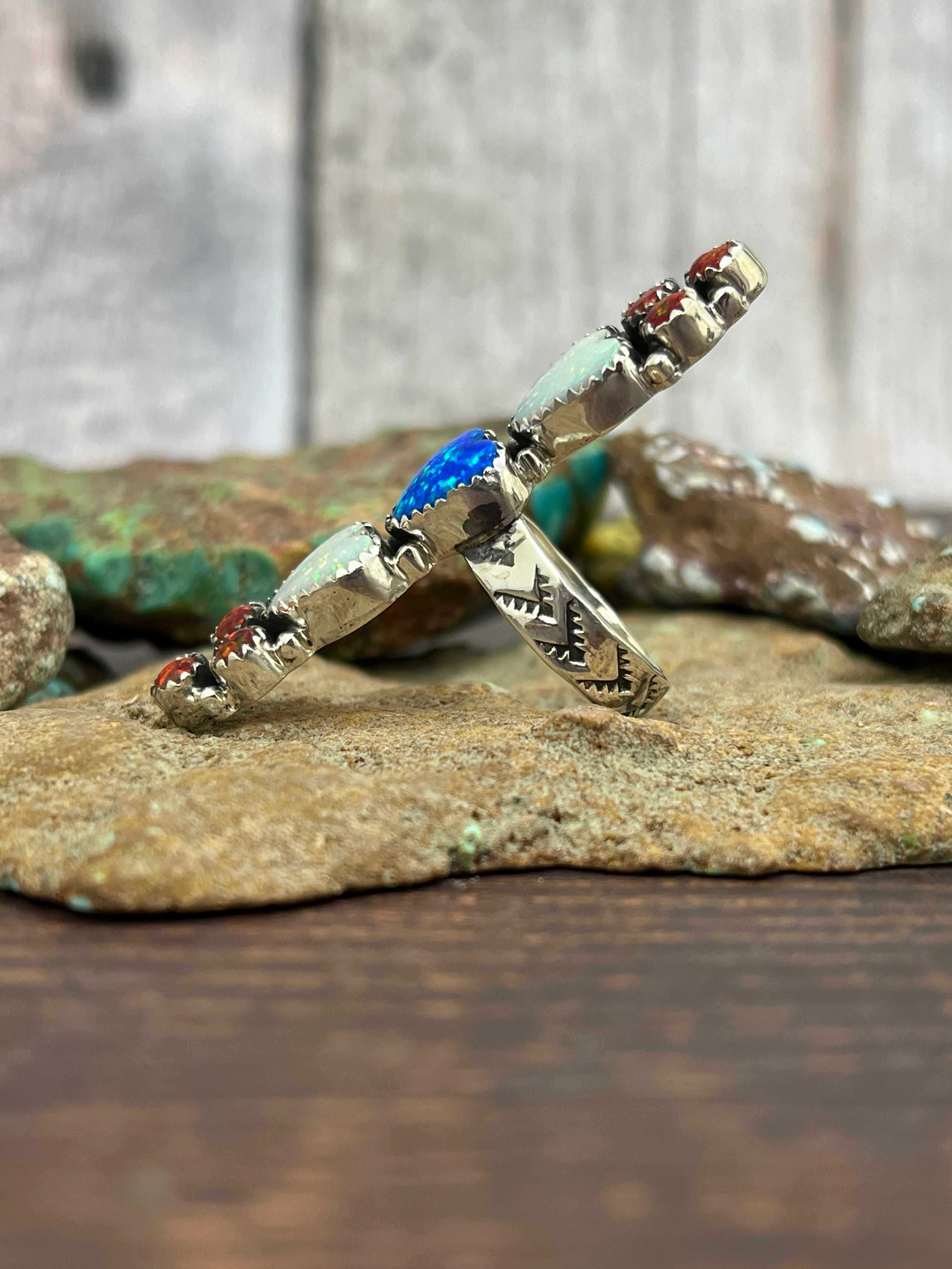 ** 4TH OF JULY ** Handmade Sterling Silver Synthetic Opal Adjustable Ring with Signed Nizhoni
