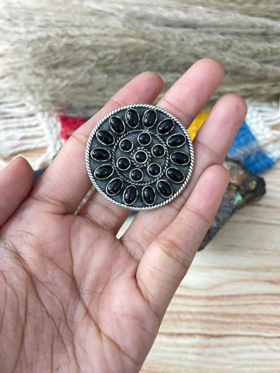 Handmade Sterling Silver Black Onyx Adjustable Ring "Signed Nizhoni"