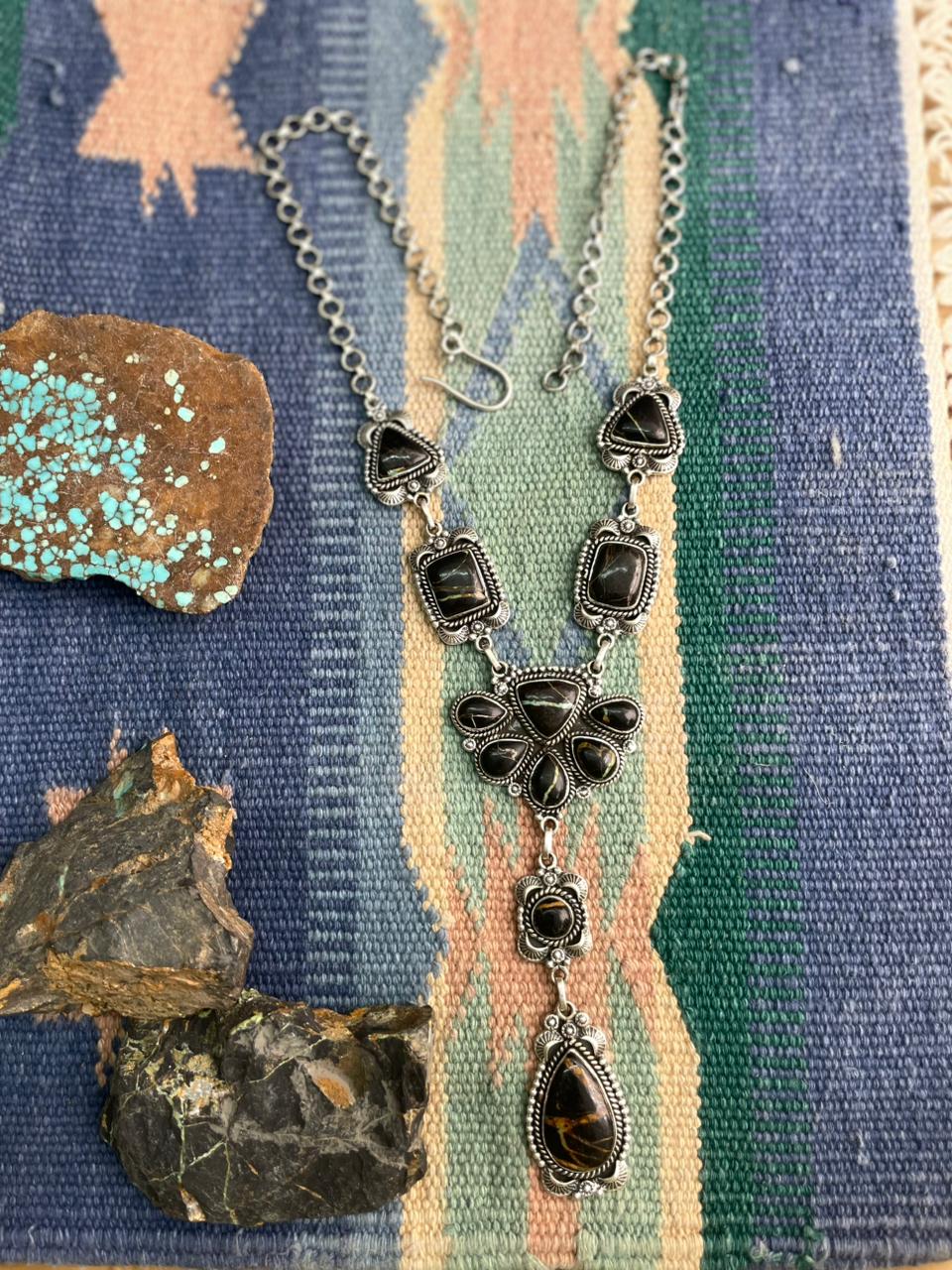 Handmade Sterling Silver Blackjack Turquoise Necklace "Signed Nizhoni"