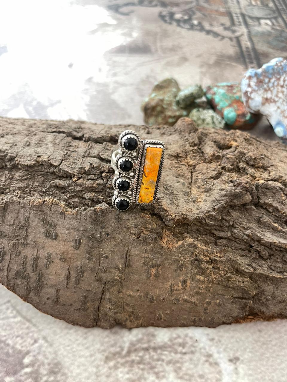 "Halloween Collection" Handmade Sterling Silver Black Onyx, Bumblebee Adjustable Ring with Signed Nizhoni