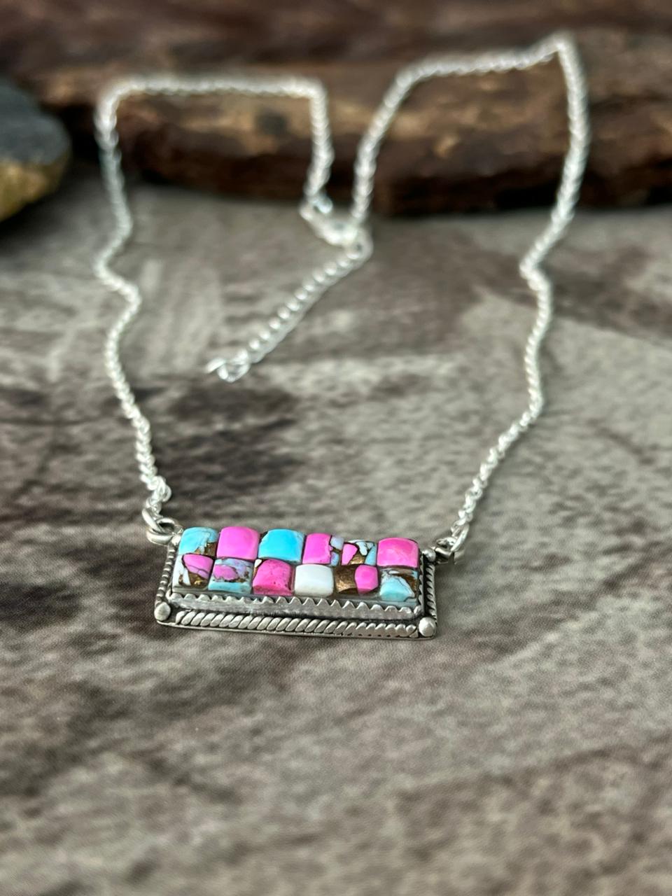 Handmade Sterling Silver Cotton Candy Cobble Stone Bar Necklace "Signed Nizhoni"