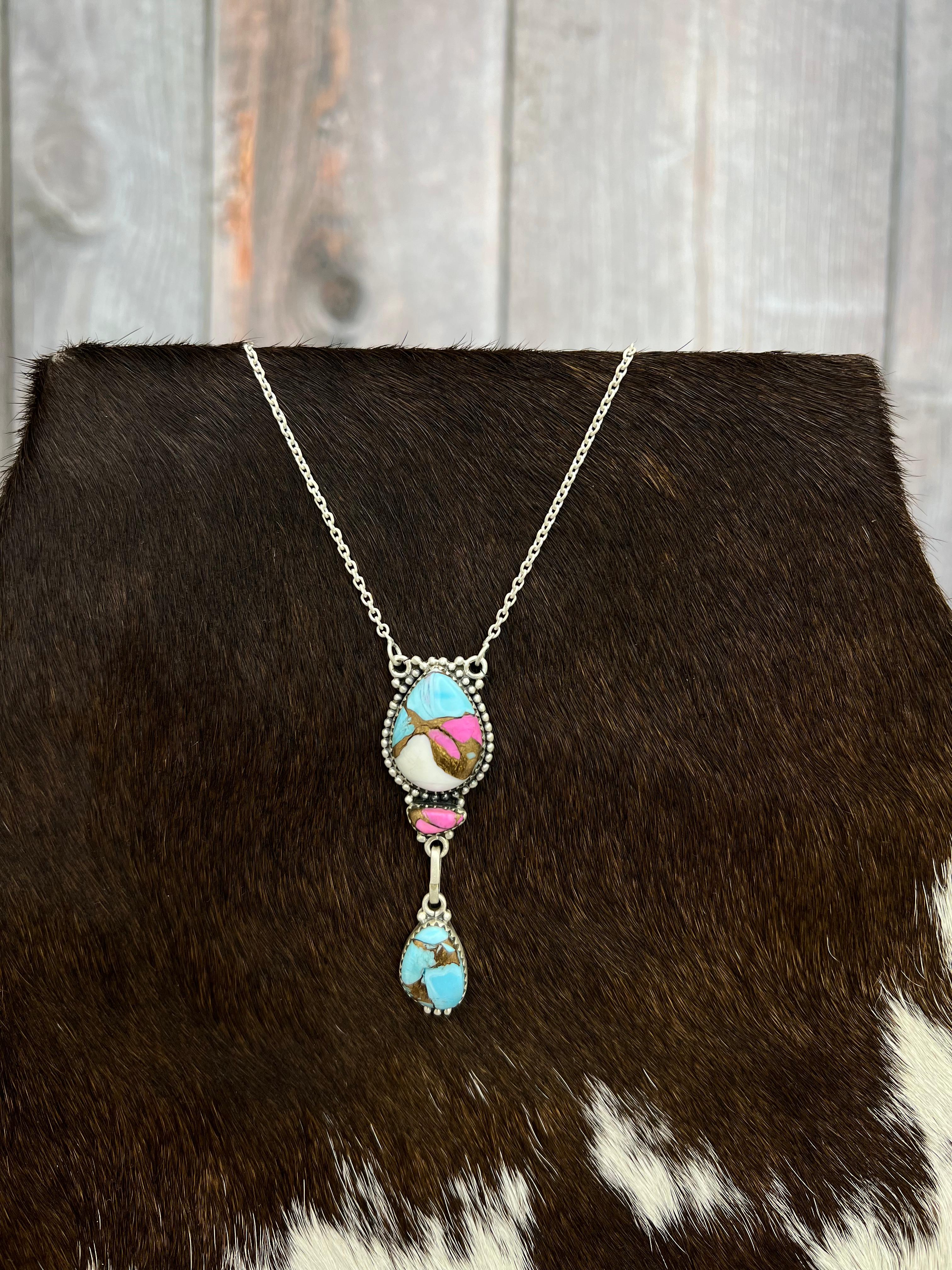 Handmade Sterling Silver Cotton Candy Turquoise Necklace with Signed Nizhoni