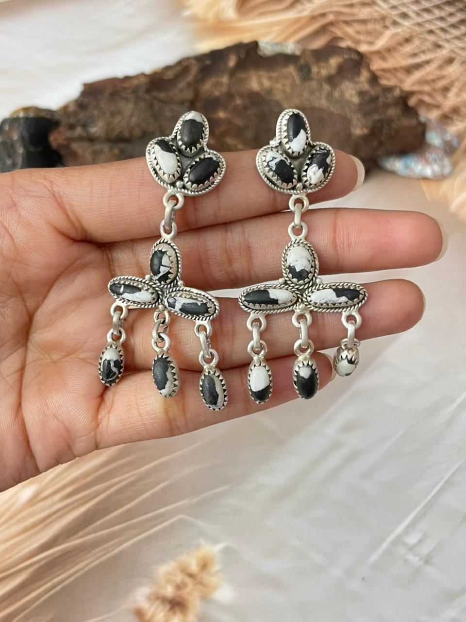 Handmade Sterling Silver White Buffalo Post Dangle Earrings "Signed Nizhoni"