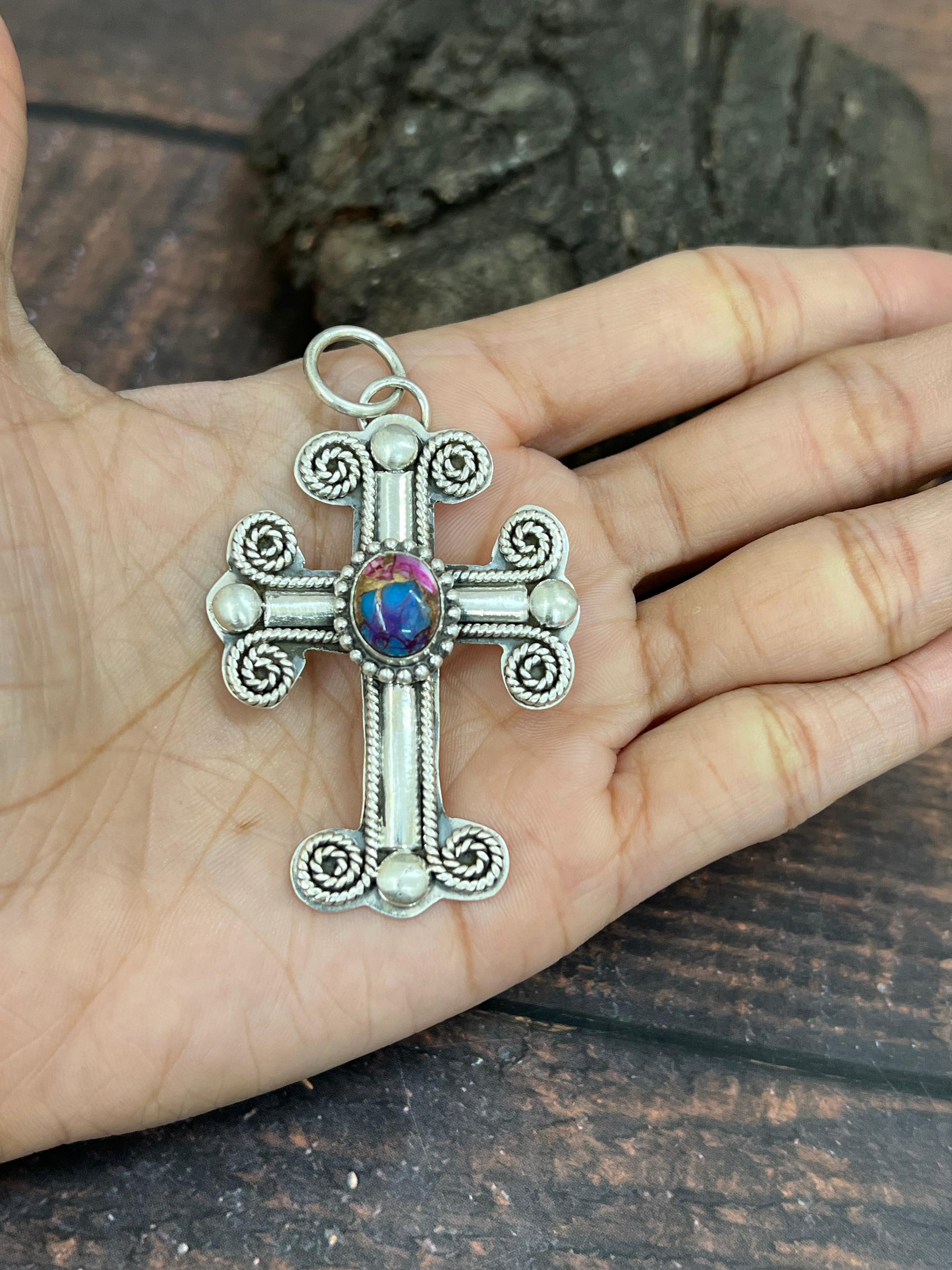 Handmade Sterling Silver Pink Dahlia Cross Pendant with Signed Nizhoni (4)