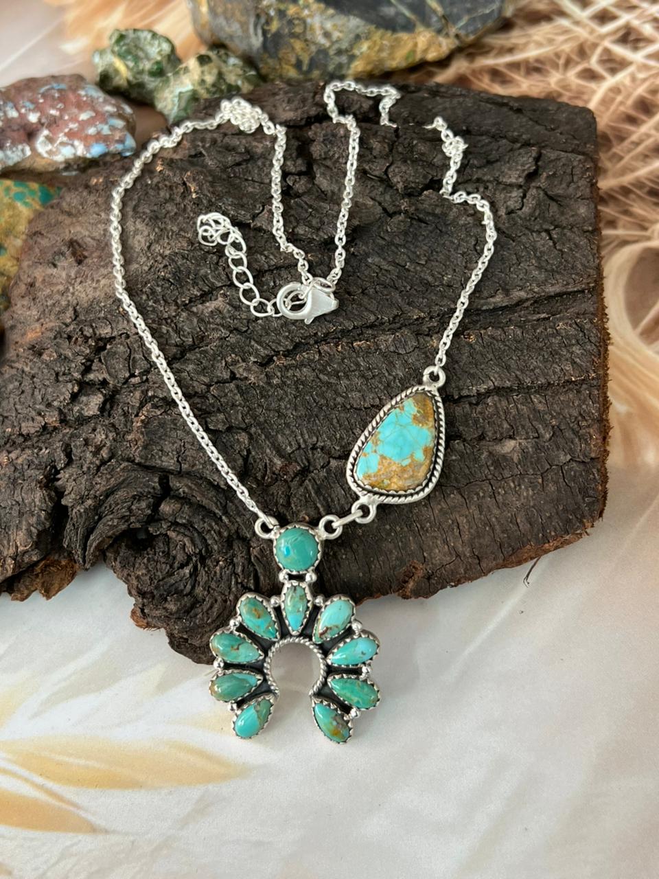 Handmade Sterling Silver Kingman with Number 8 Turquoise Necklace "Signed Nizhoni"