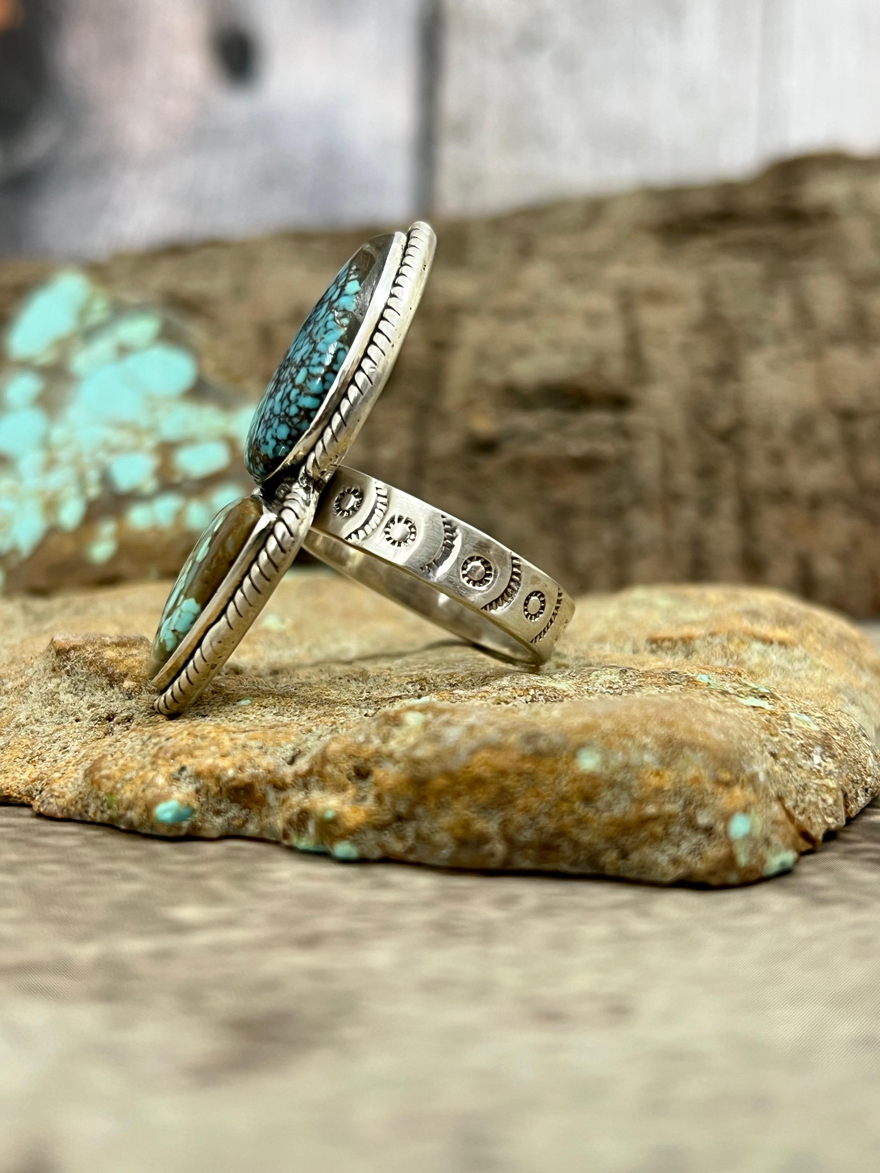 Handmade Sterling Silver Number 8 Turquoise Adjustable Ring with Signed Nizhoni