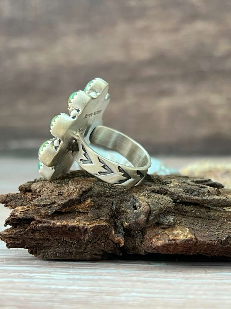 Handmade Sterling Silver Orange Mojave with Kingman Turquoise Adjustable Ring with Signed Nizhoni