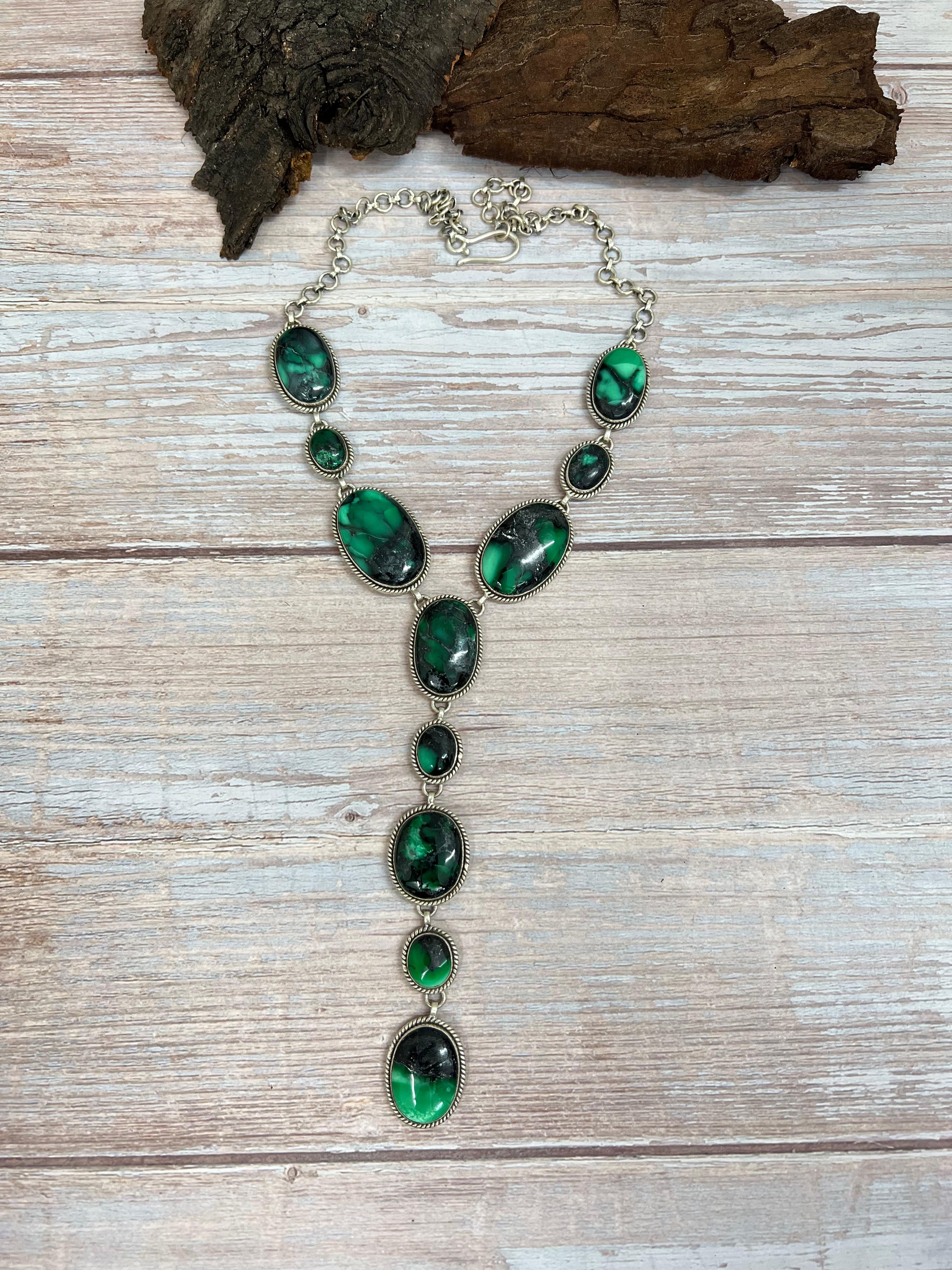 Handmade Sterling Silver Emerald Rose Necklace with Signed Nizhoni