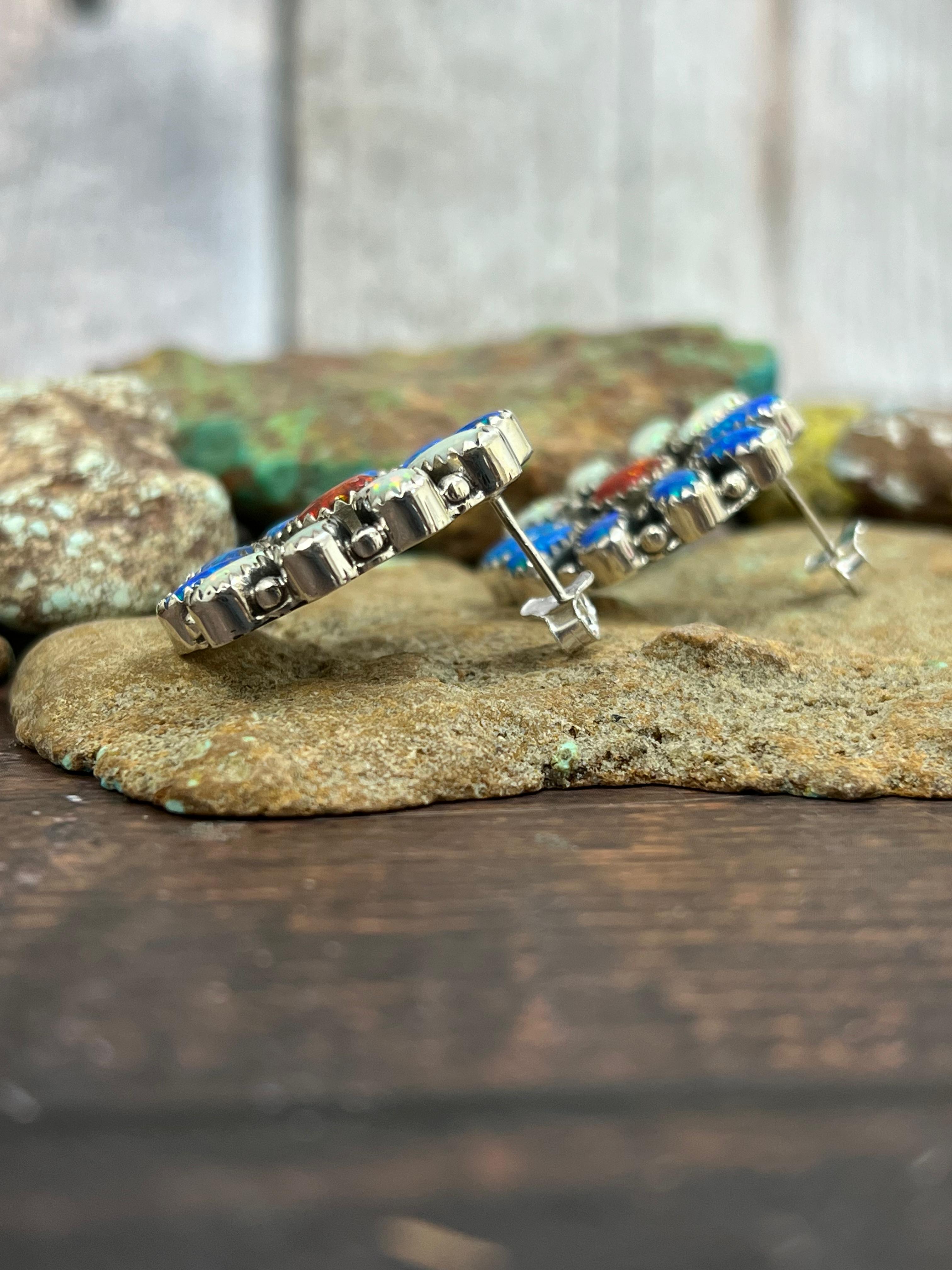 ** 4TH OF JULY ** Handmade Sterling Silver Synthetic Opal Post Earrings with Signed Nizhoni