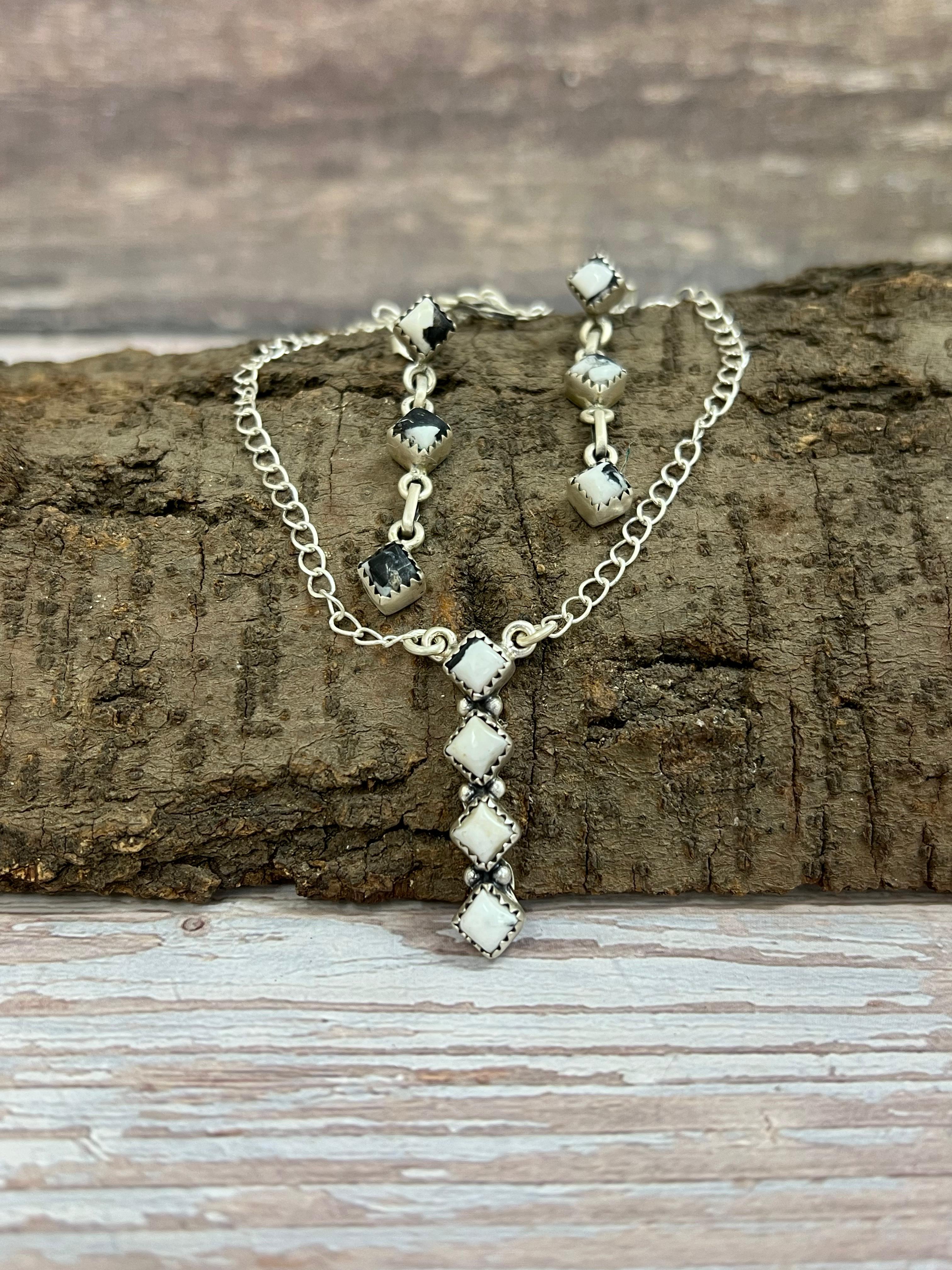 Handmade Sterling Silver White Buffalo Necklace & Earrings Set Signed Nizhoni