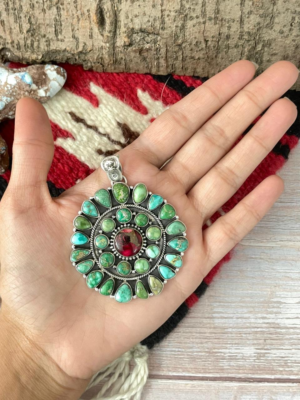 Handmade Sterling Silver Dahlia Rose with Emerald Valley Turquoise Pendant "Signed Nizhoni"