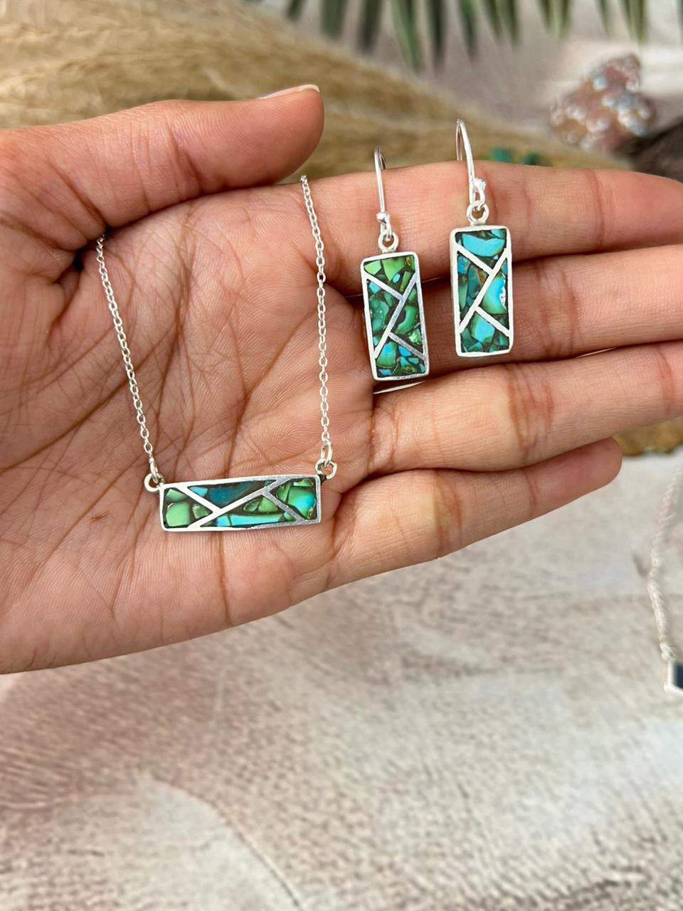 Handmade Sterling Silver Multi Stone INLAY Necklace Earrings Set "Signed Nizhoni"