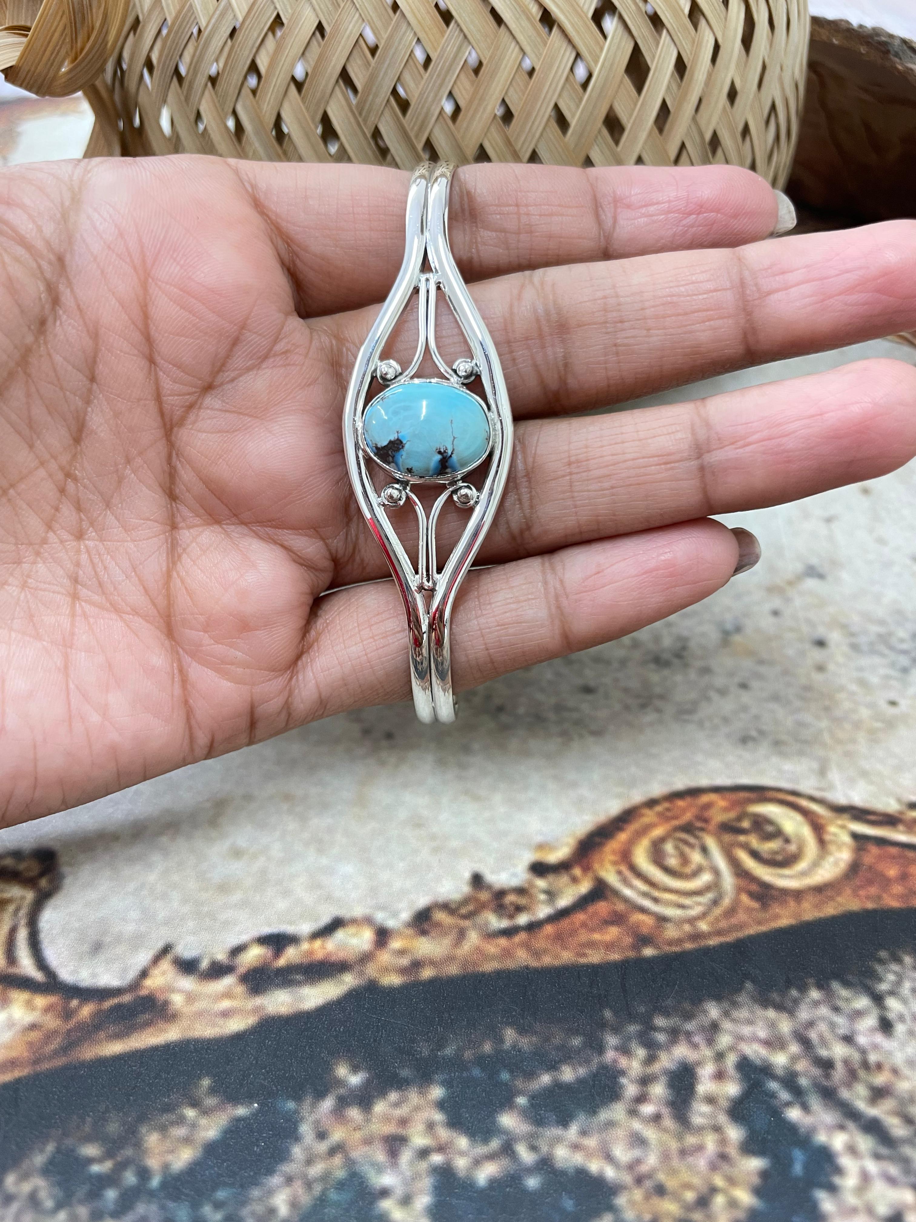 Handmade Sterling Silver Golden Hills Turquoise Cuff Bracelet with Signed Nizhoni