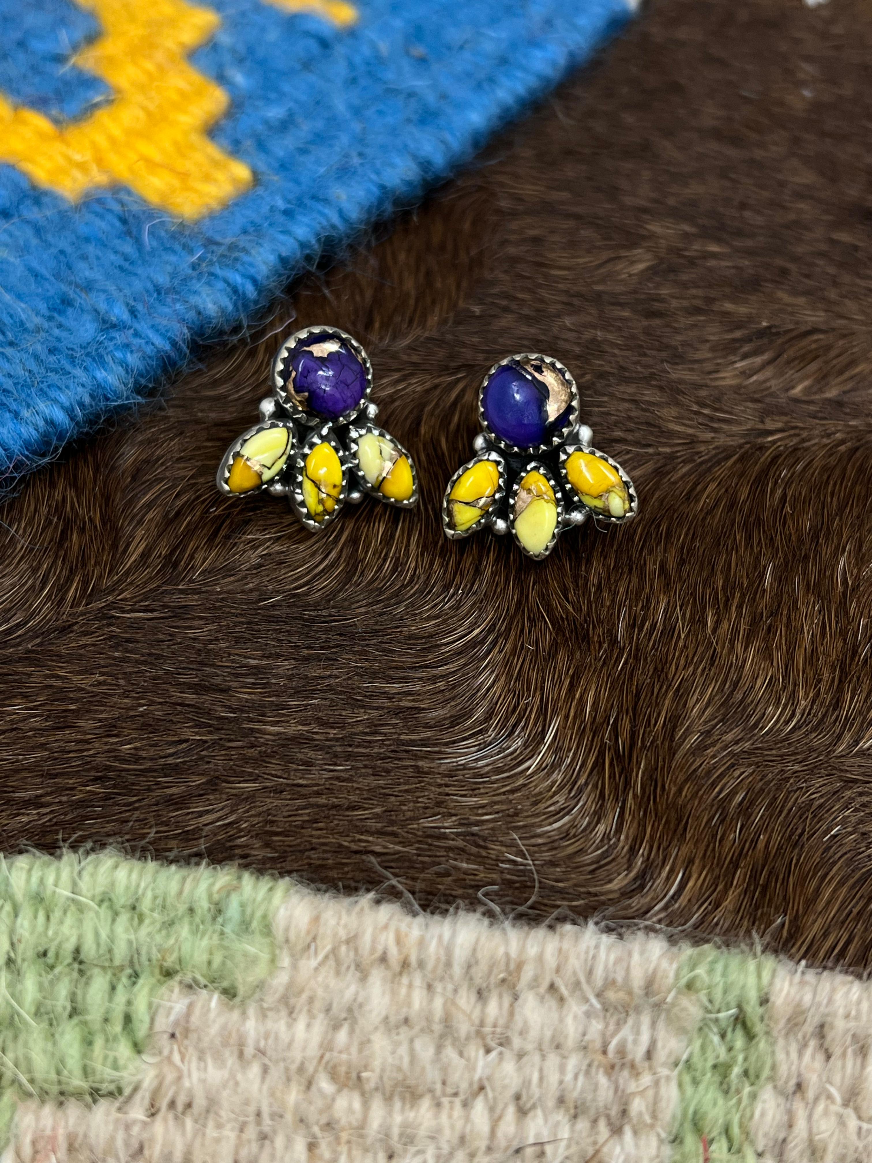 Handmade Sterling Silver Grape Dahlia With Honey Dahlia Post Studs with Signed Nizhoni