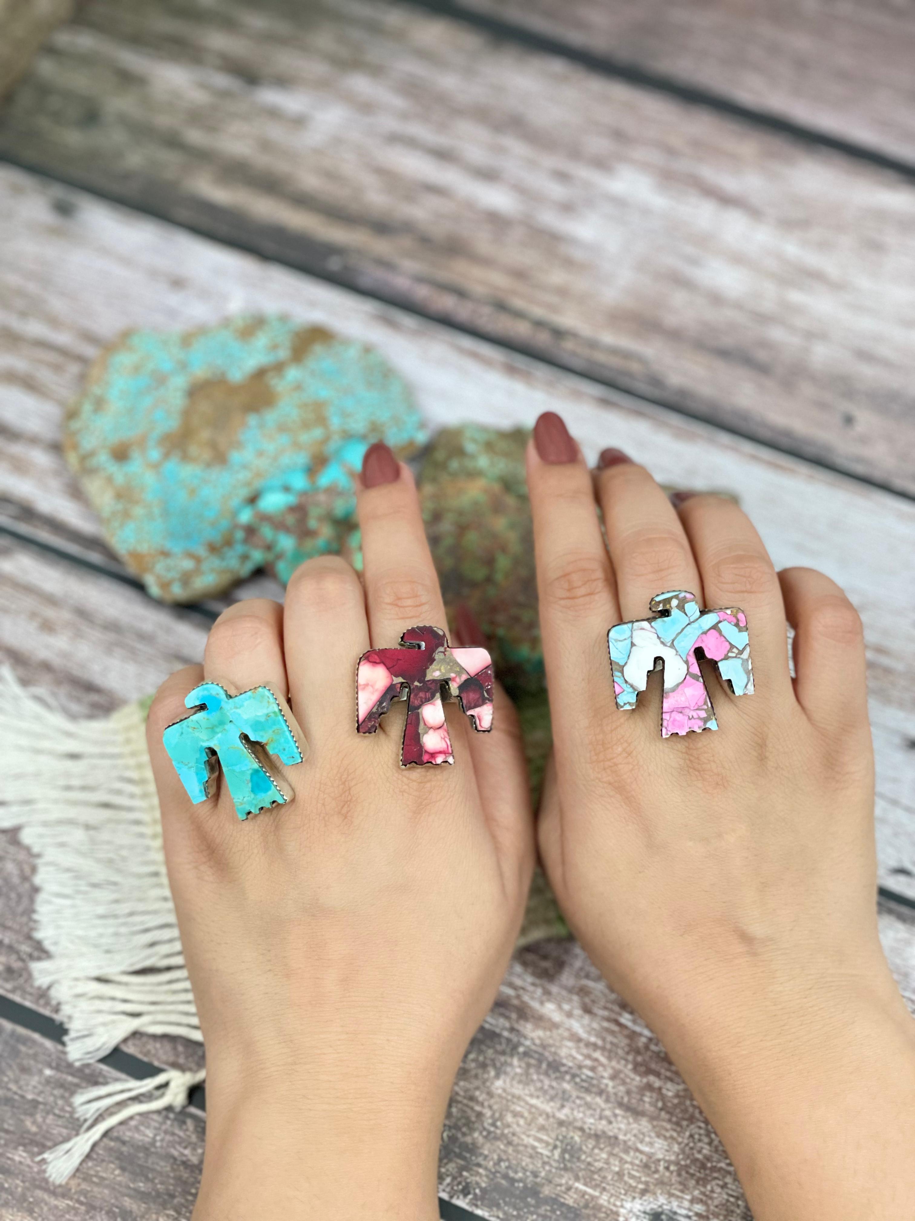 Handmade Sterling Silver Cotton Candy, Kingman Turquoise , Dahlia Rose Thunder Bird Adjustable Ring, Signed Nizhoni