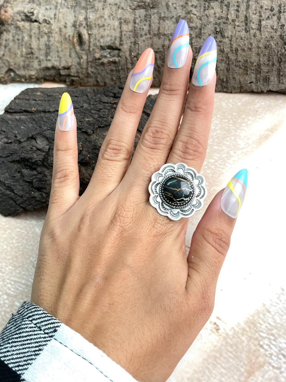 Handmade Sterling Silver Blackjack Turquoise Adjustable Ring "Signed Nizhoni" (6)