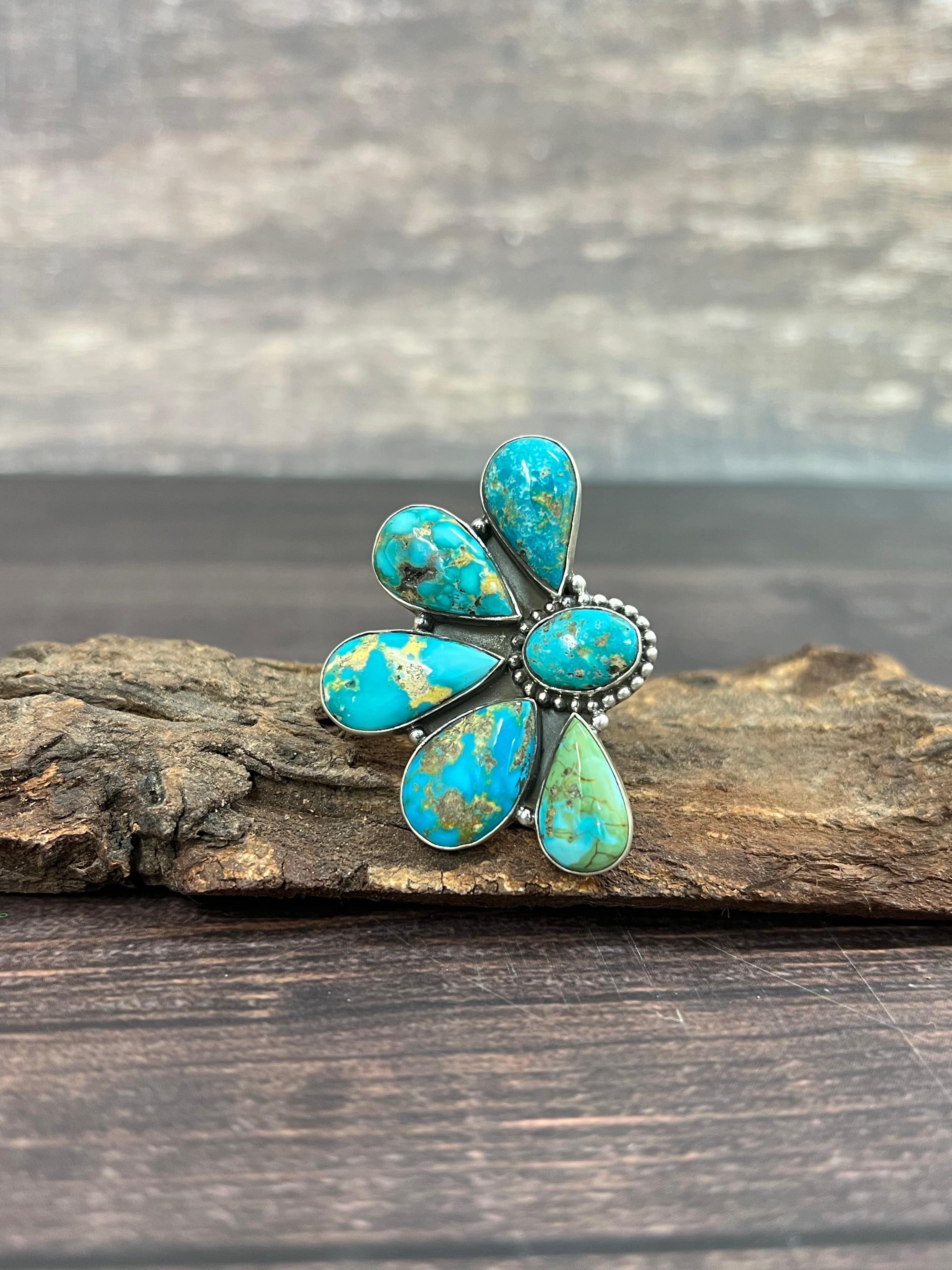 Handmade Sterling Silver South Hill Turquoise Adjustable Ring with Signed Nizhoni