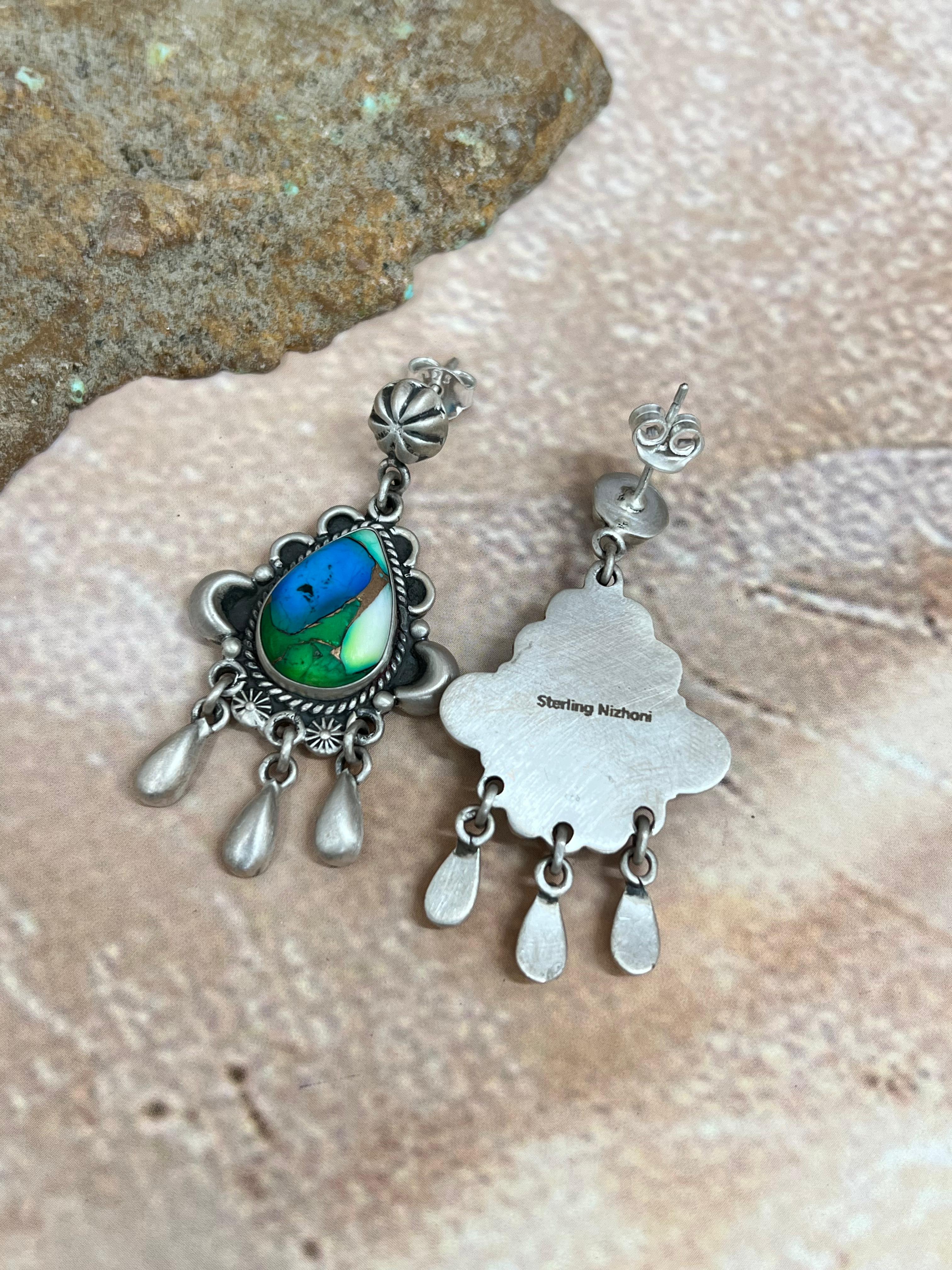 Handmade Sterling Silver Peacock Dahlia Post Earrings with Signed Nizhoni