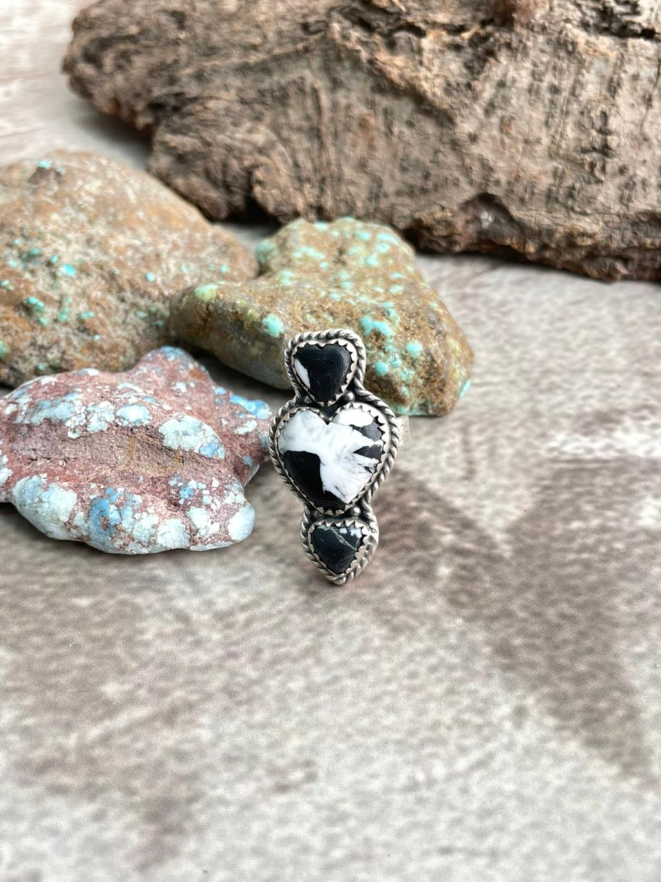 Handmade Sterling Silver White Buffalo Heart Shape Adjustable Ring with Signed Nizhoni