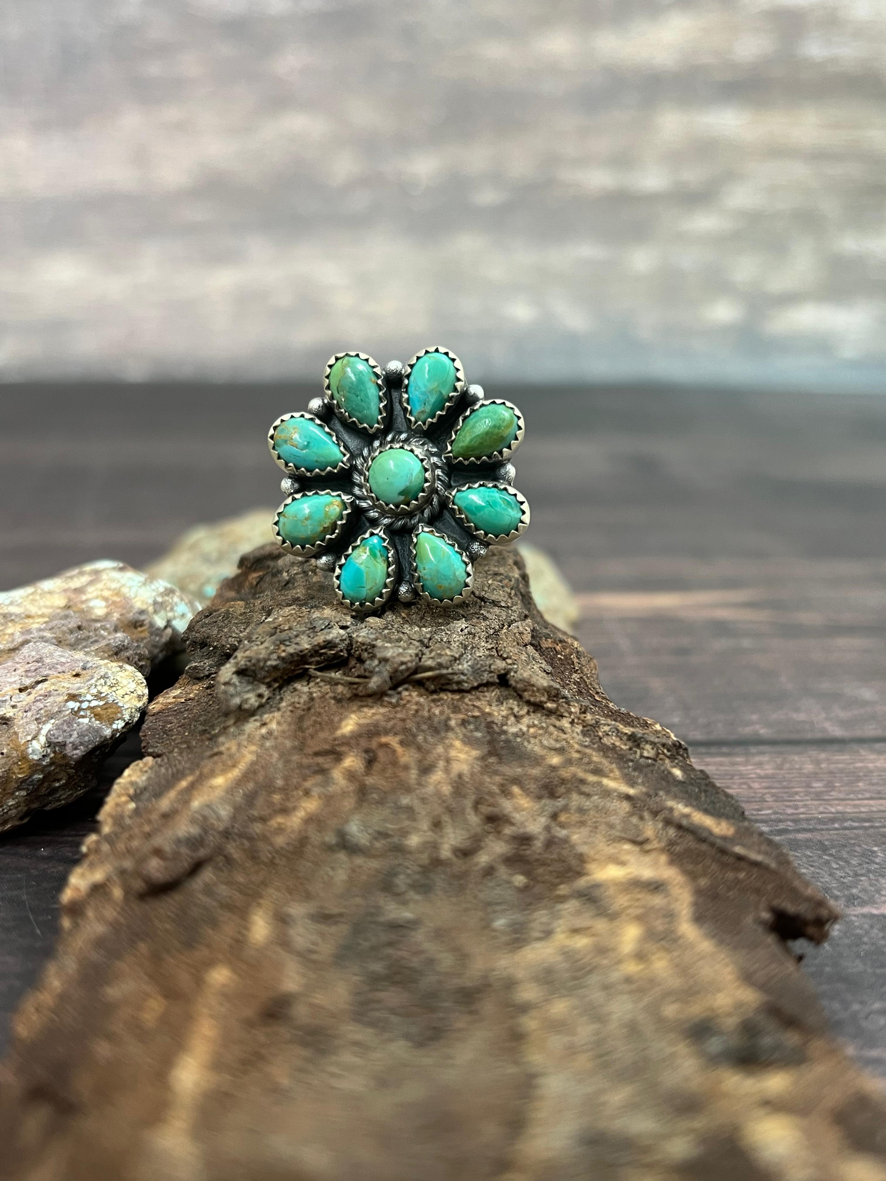 Handmade Sterling Silver Kingman Turquoise Adjustable Ring with Signed Nizhoni