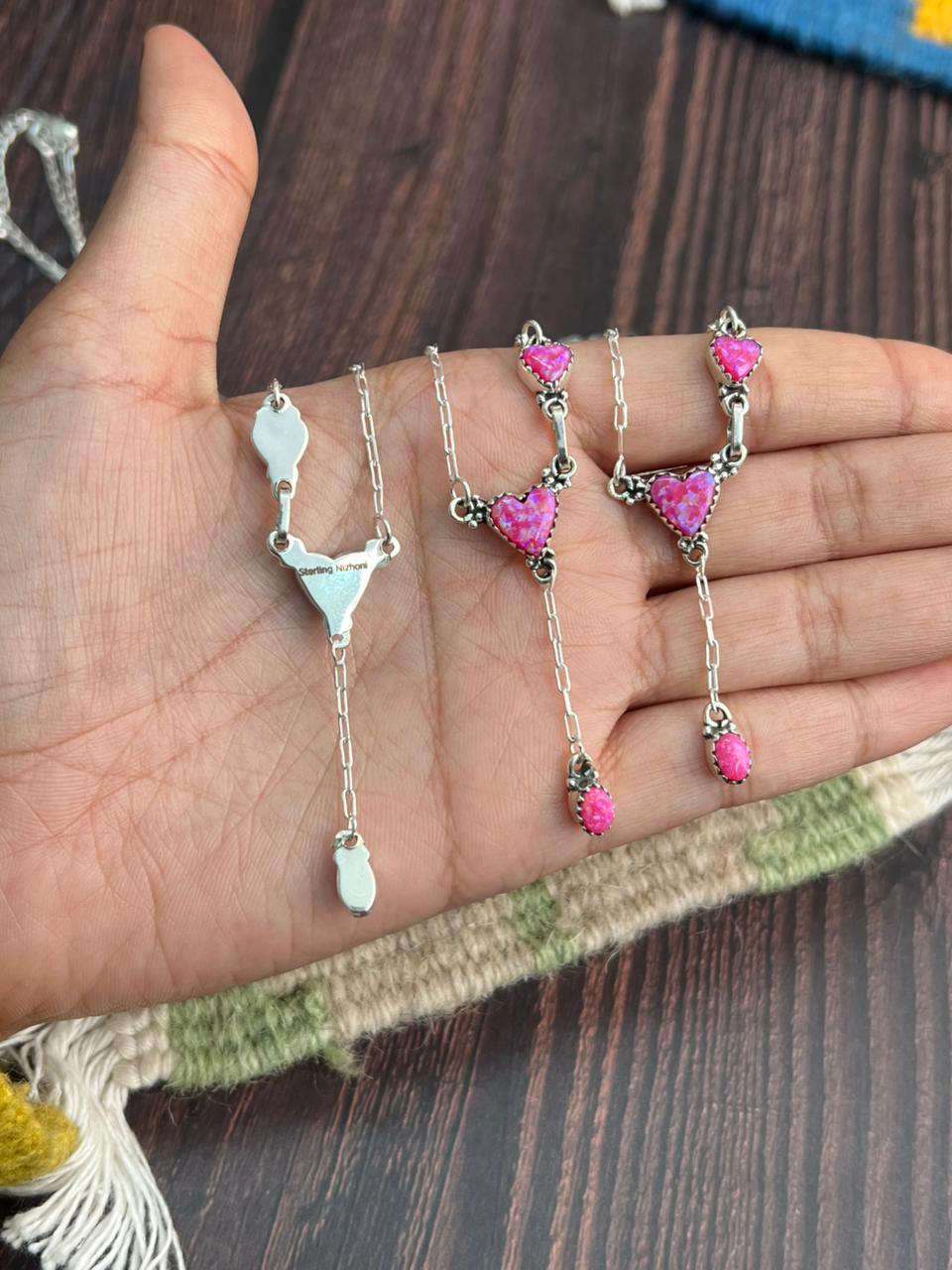 "Heart Collection" Handmade Sterling Silver Hot Pink Necklace "Signed Nizhoni"