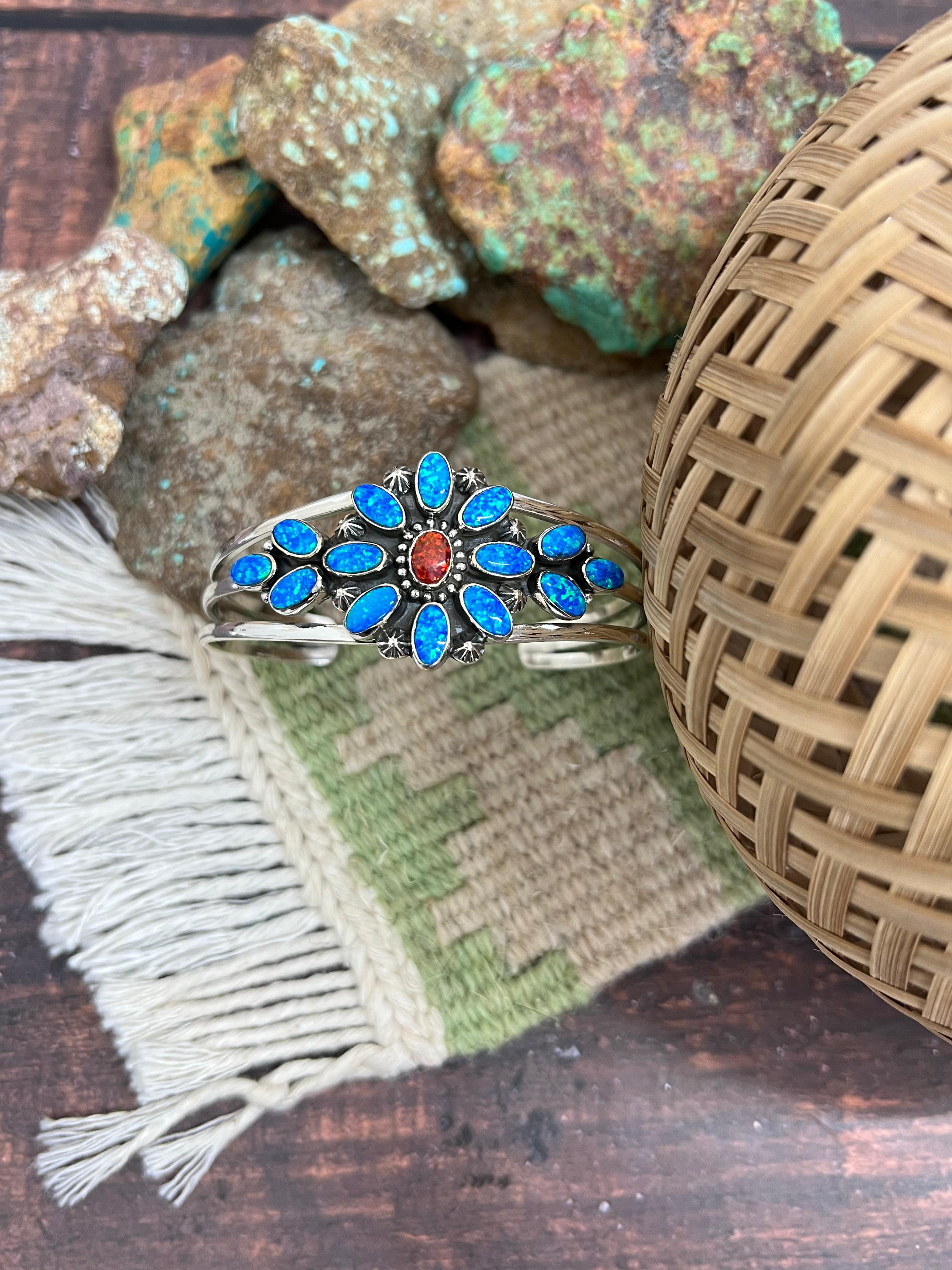 Handmade Sterling Silver Synthetic Opal Cuff Bracelet with Signed Nizhoni