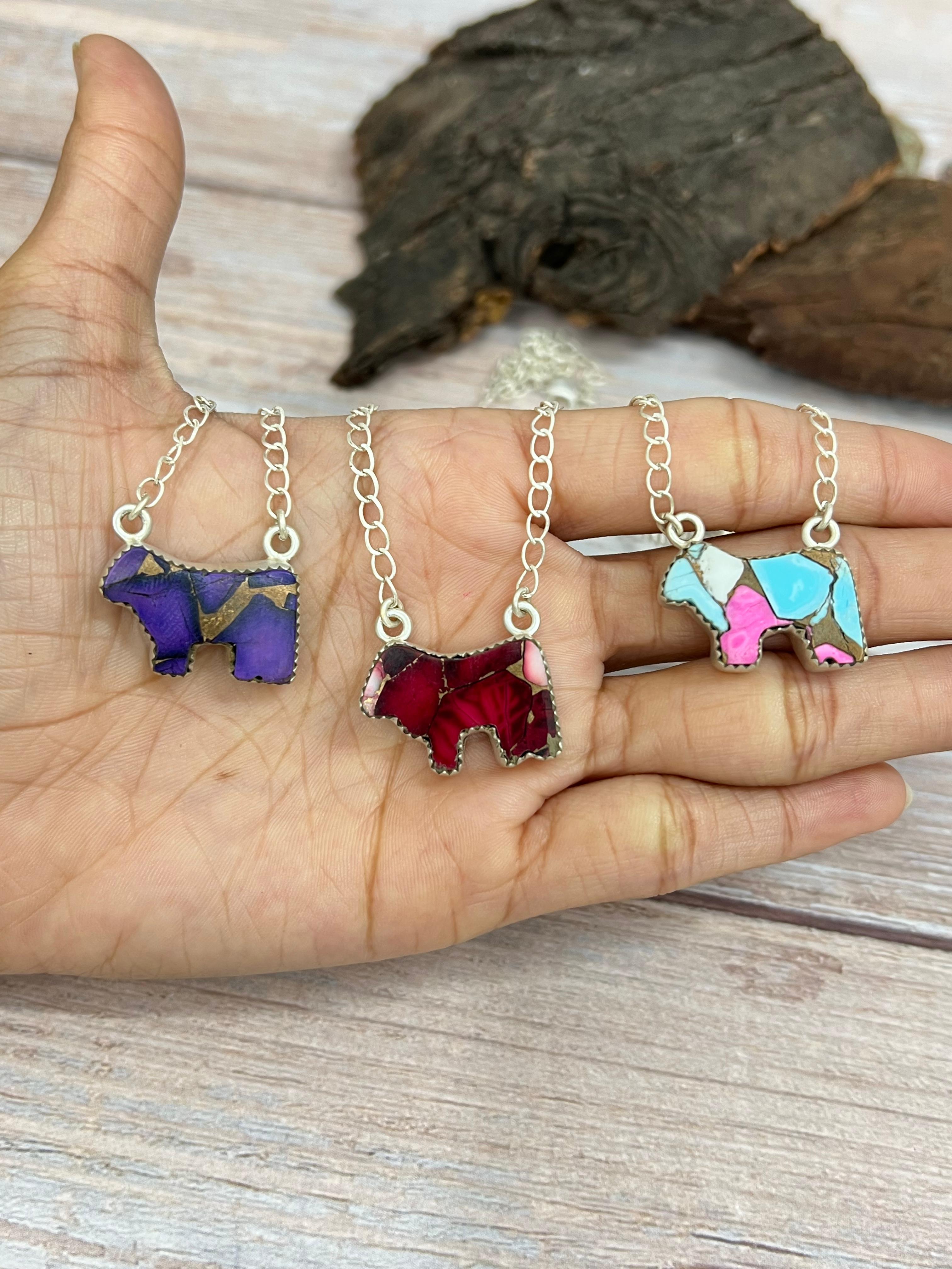 Handmade Sterling Silver Multi Stone Bull Necklace Signed Nizhoni