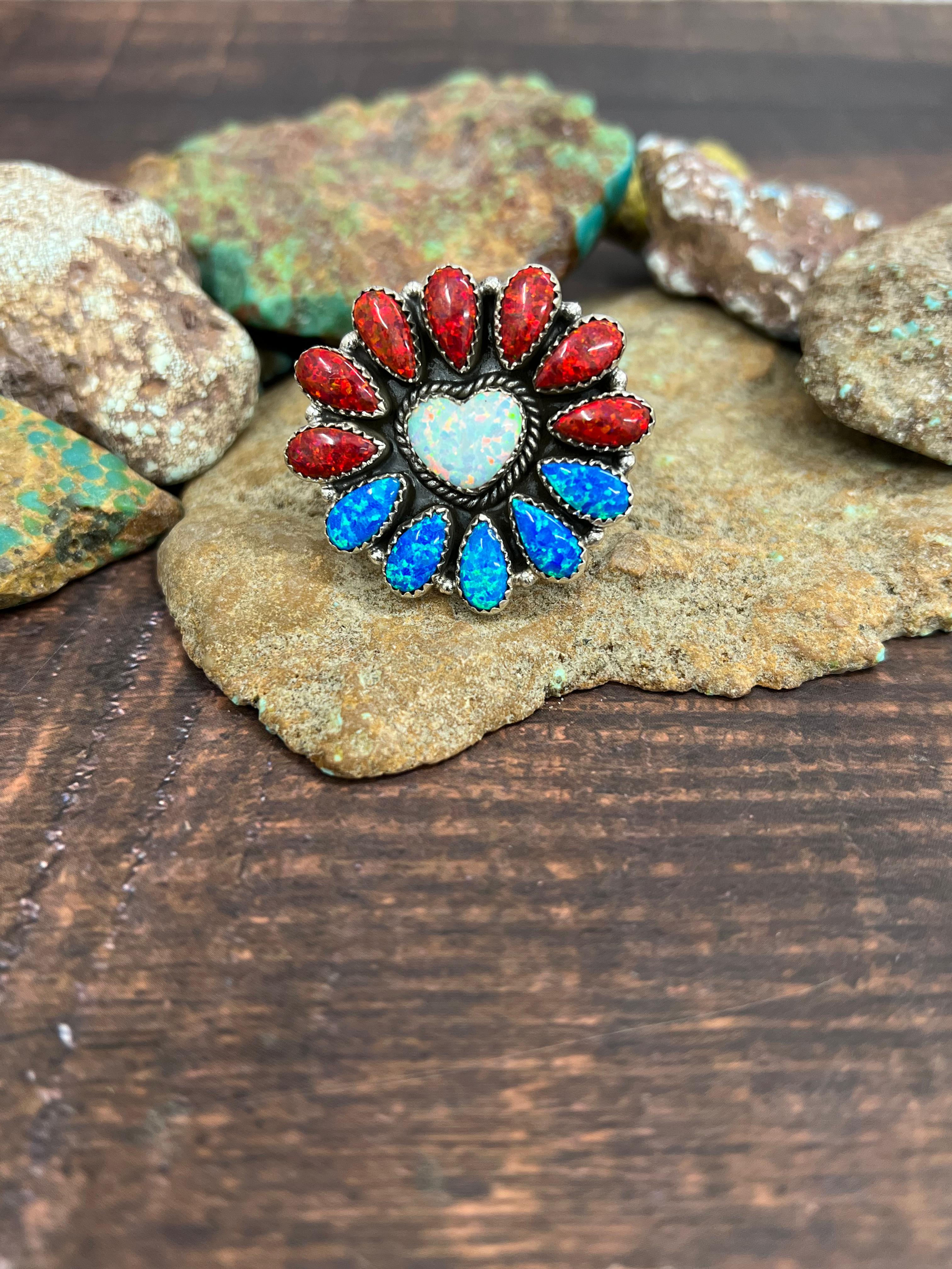 ** 4TH OF JULY ** Handmade Sterling Silver Synthetic Opal Adjustable Ring with Signed Nizhoni