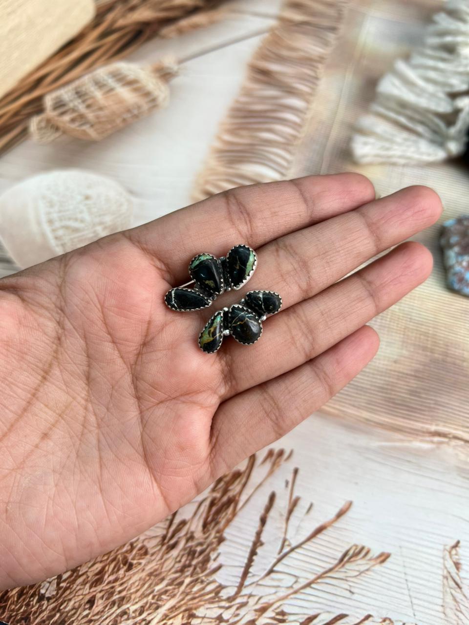 Handmade Sterling Silver Blackjack Turquoise Adjustable Ring "Signed Nizhoni"