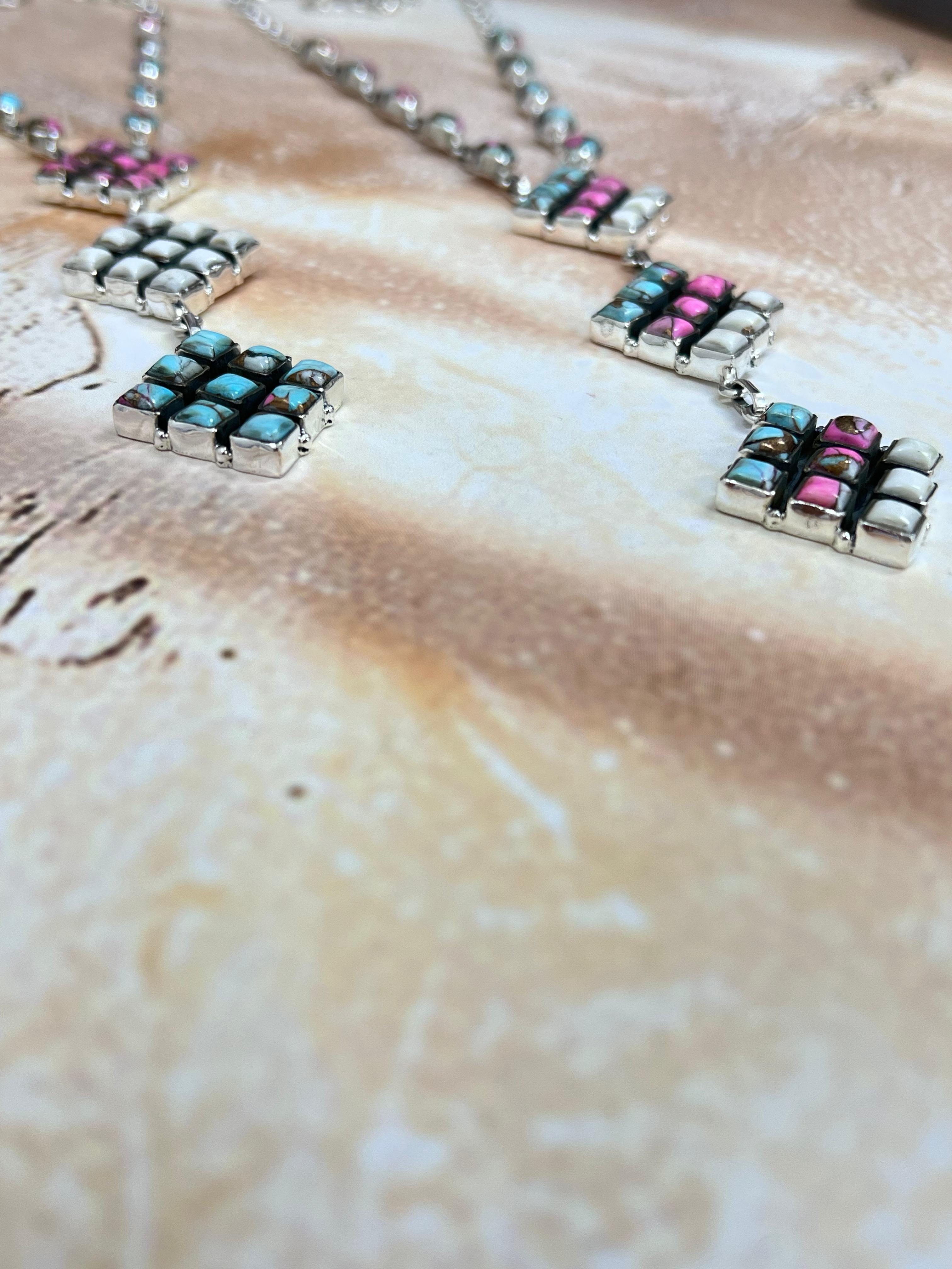 Handmade Sterling Silver Cotton Candy Turquoise Necklace with Signed Nizhoni