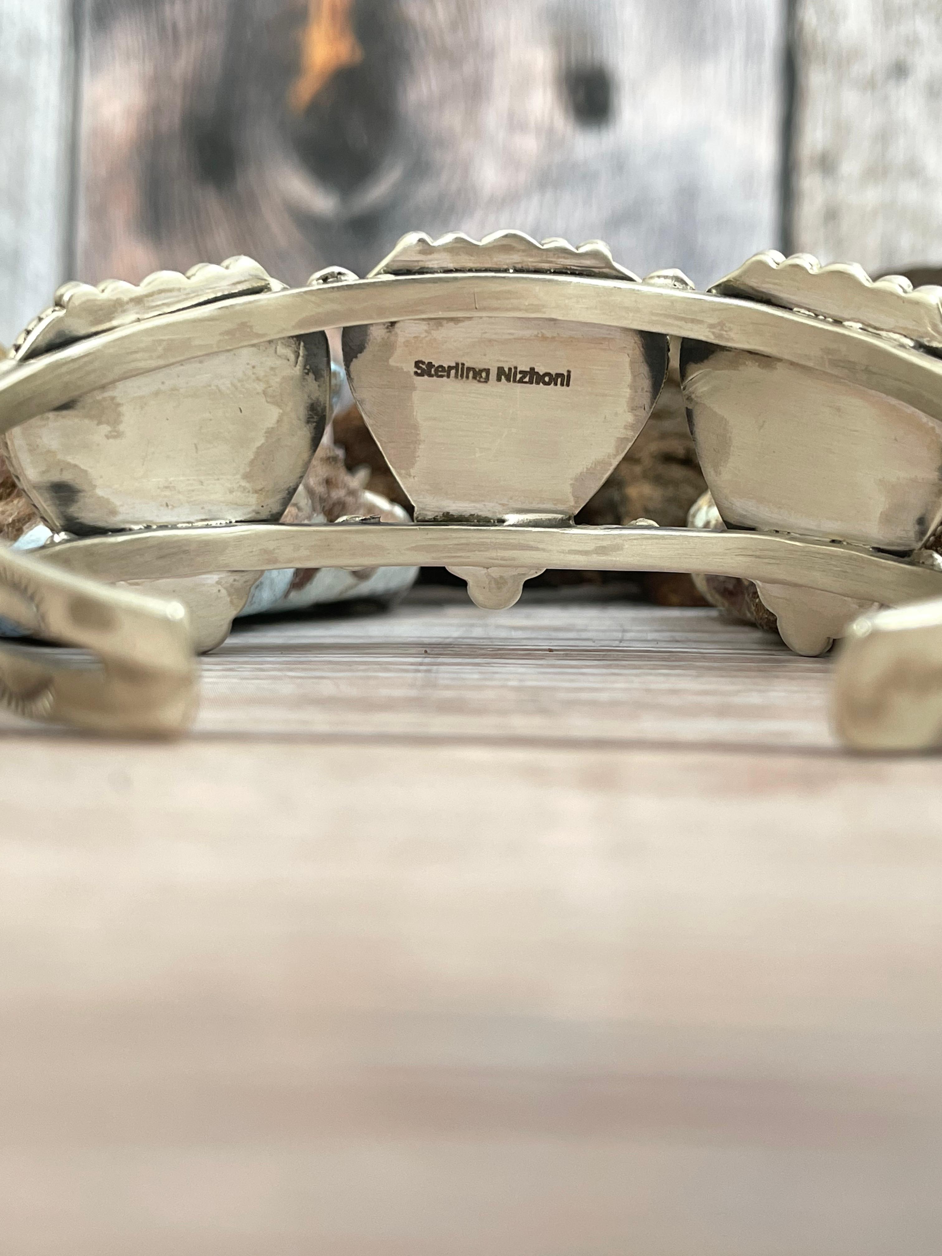 Handmade Sterling Silver Ribbon Royston Heart Cuff Bracelet with Signed Nizhoni