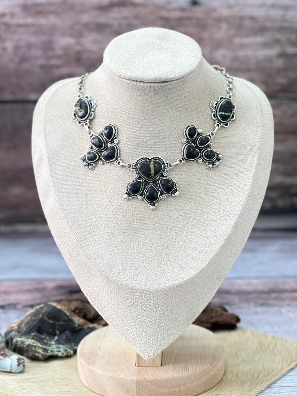 Handmade Sterling Silver Blackjack Turquoise Choker Necklace "Signed Nizhoni"