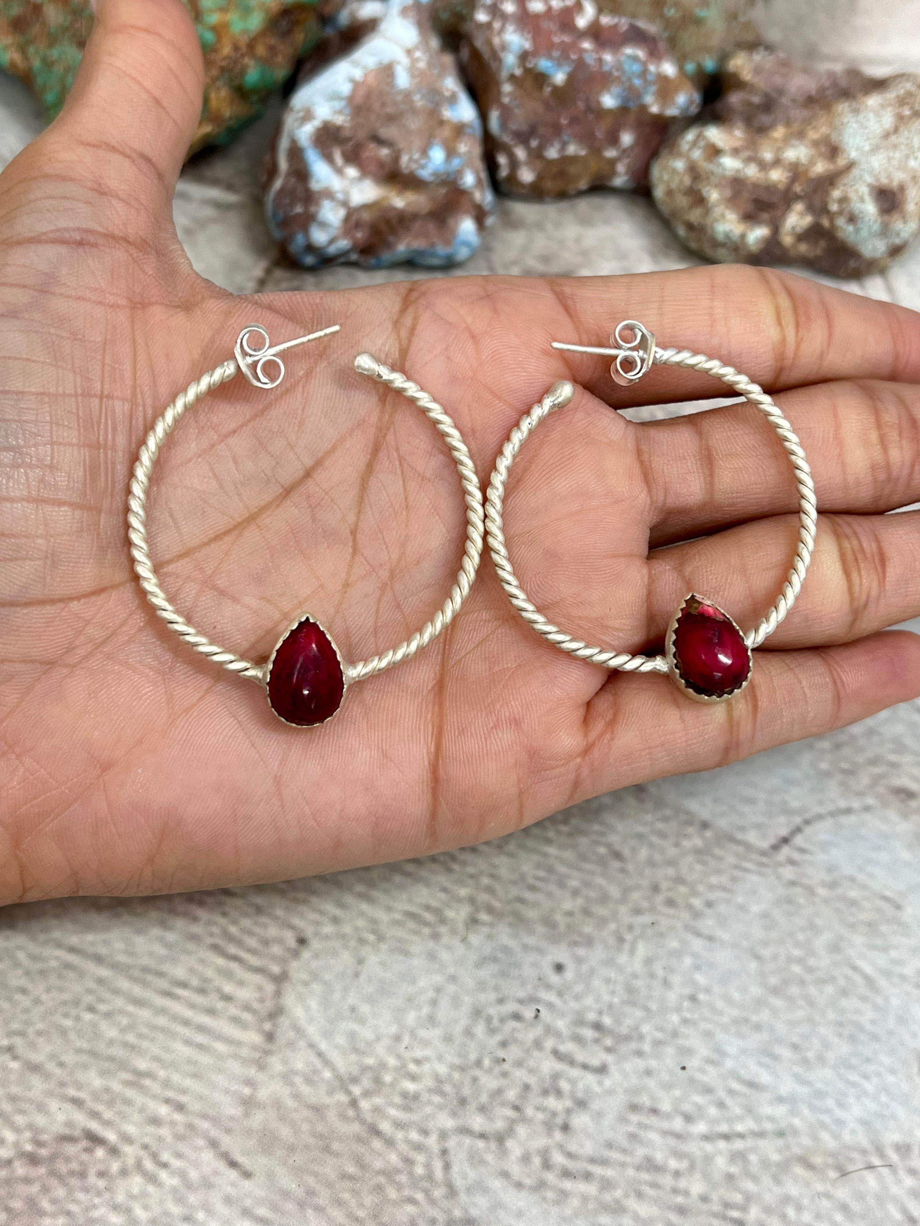 Handmade Sterling Silver Peacock Dahlia, Cotton Candy, Dahlia Rose Hoop Earrings, Signed Nizhoni