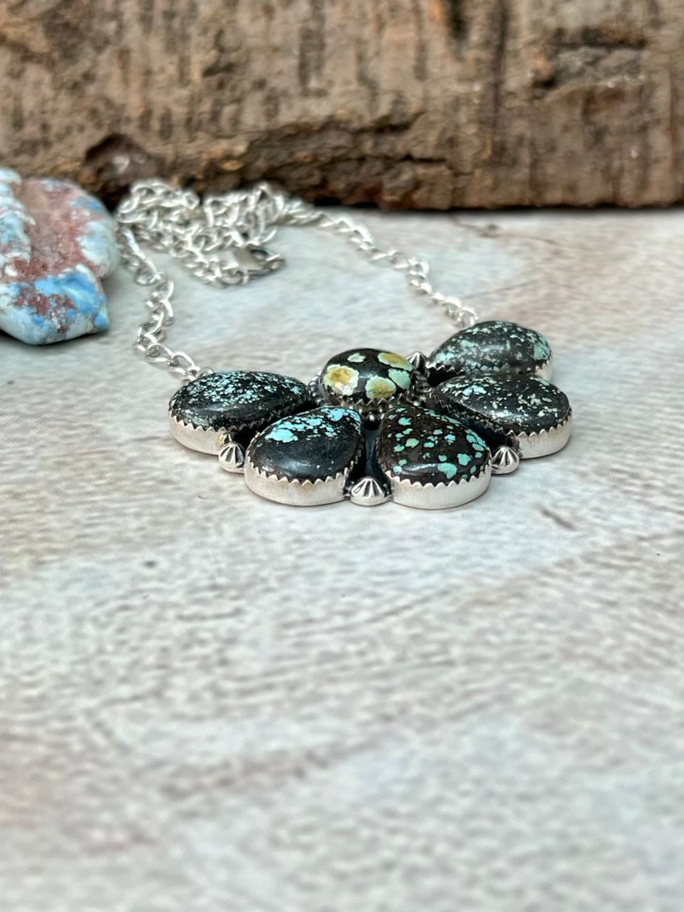 Handmade Sterling Silver Lander Turquoise Necklace with Signed Nizhoni