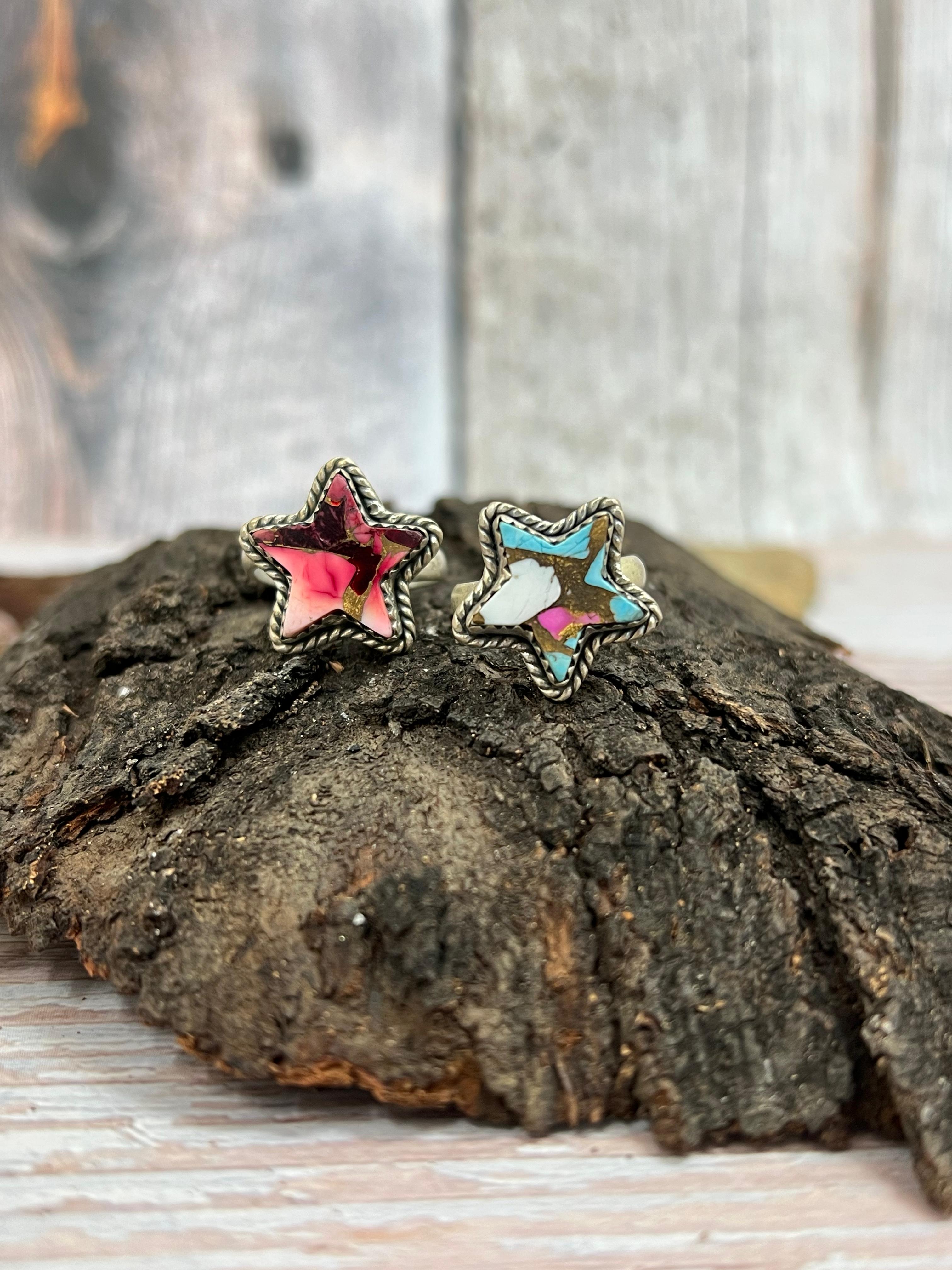Handmade Sterling Silver Dahlia Rose, Cotton Candy Turquoise Adjustable Ring with Signed Nizhoni (2)
