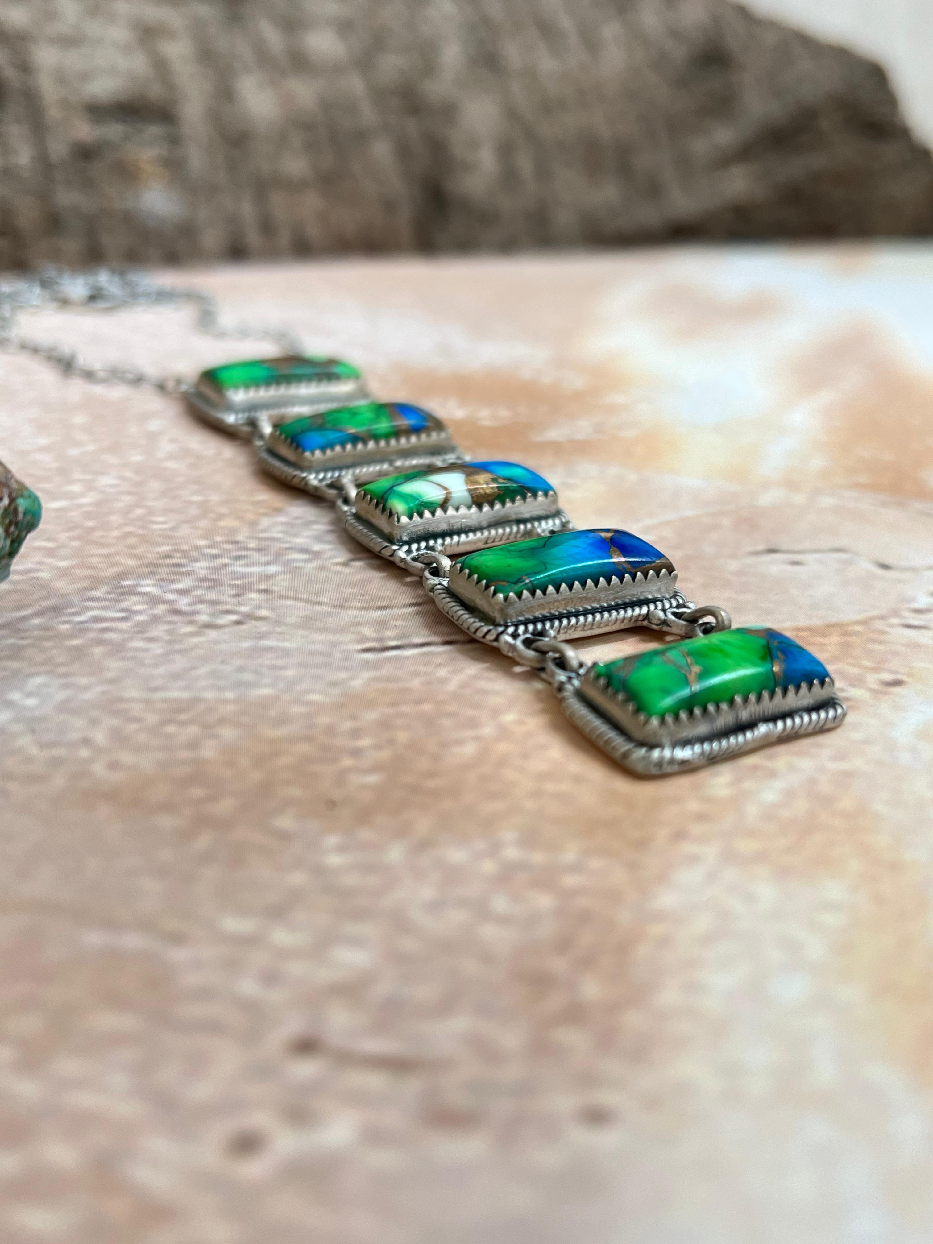 Handmade Sterling Silver Peacock Dahlia Stairs Style Necklace with Signed Nizhoni