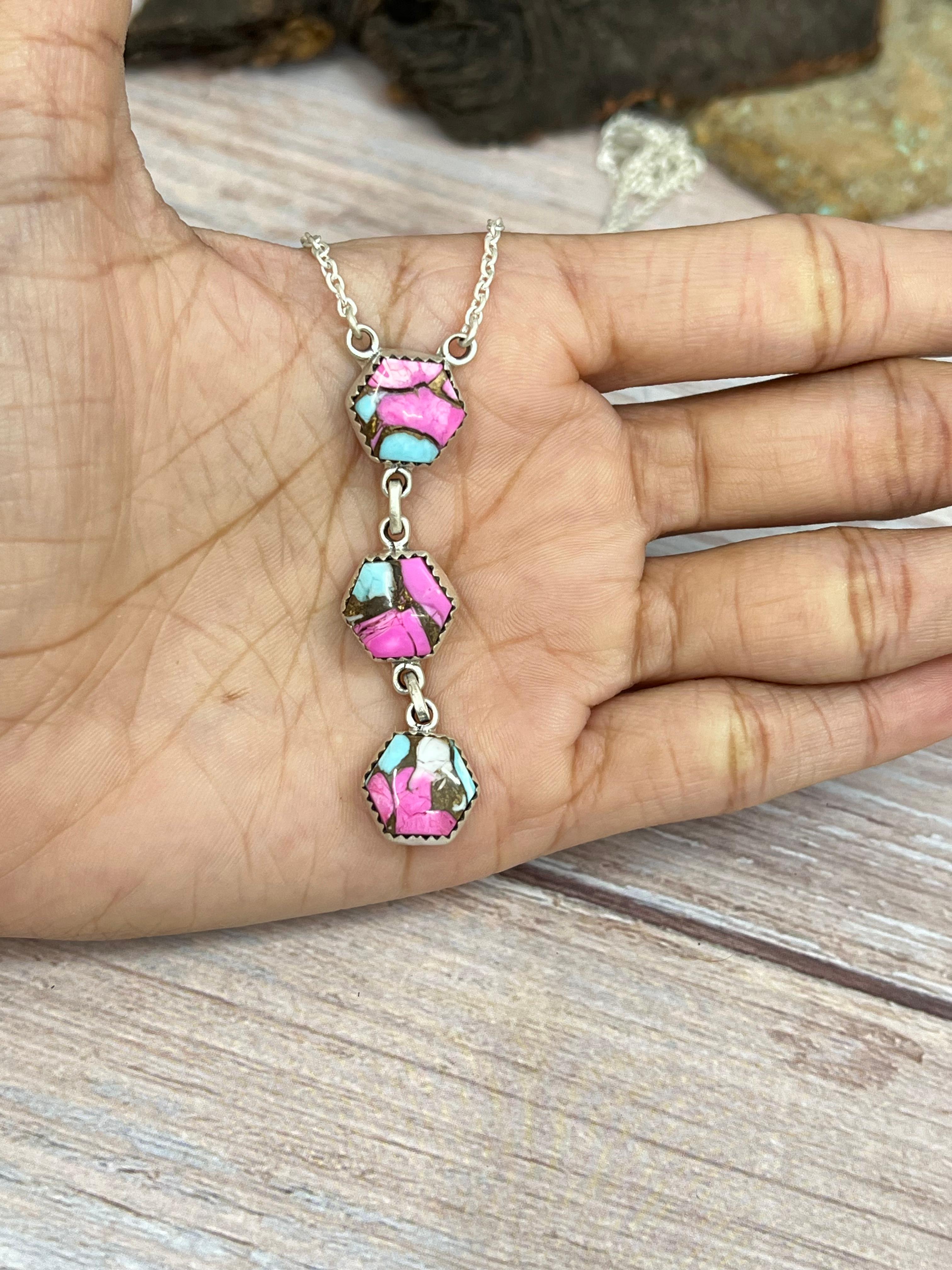 Handmade Sterling Silver Cotton Candy Turquoise Necklace with Signed Nizhoni