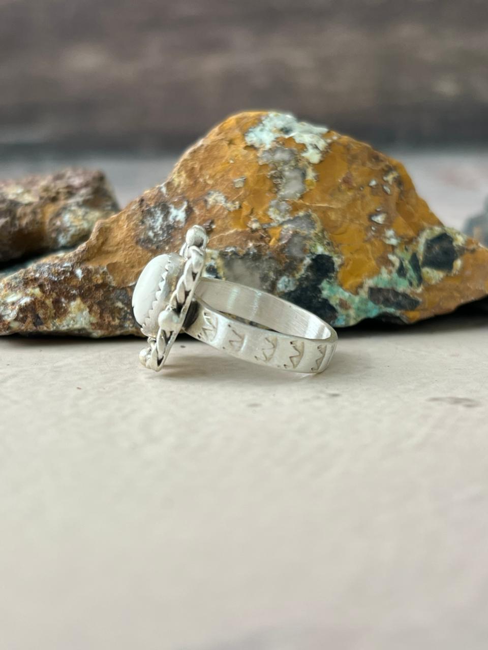 Handmade Sterling Silver White Buffalo Turquoise Adjustable Ring "Signed Nizhoni"