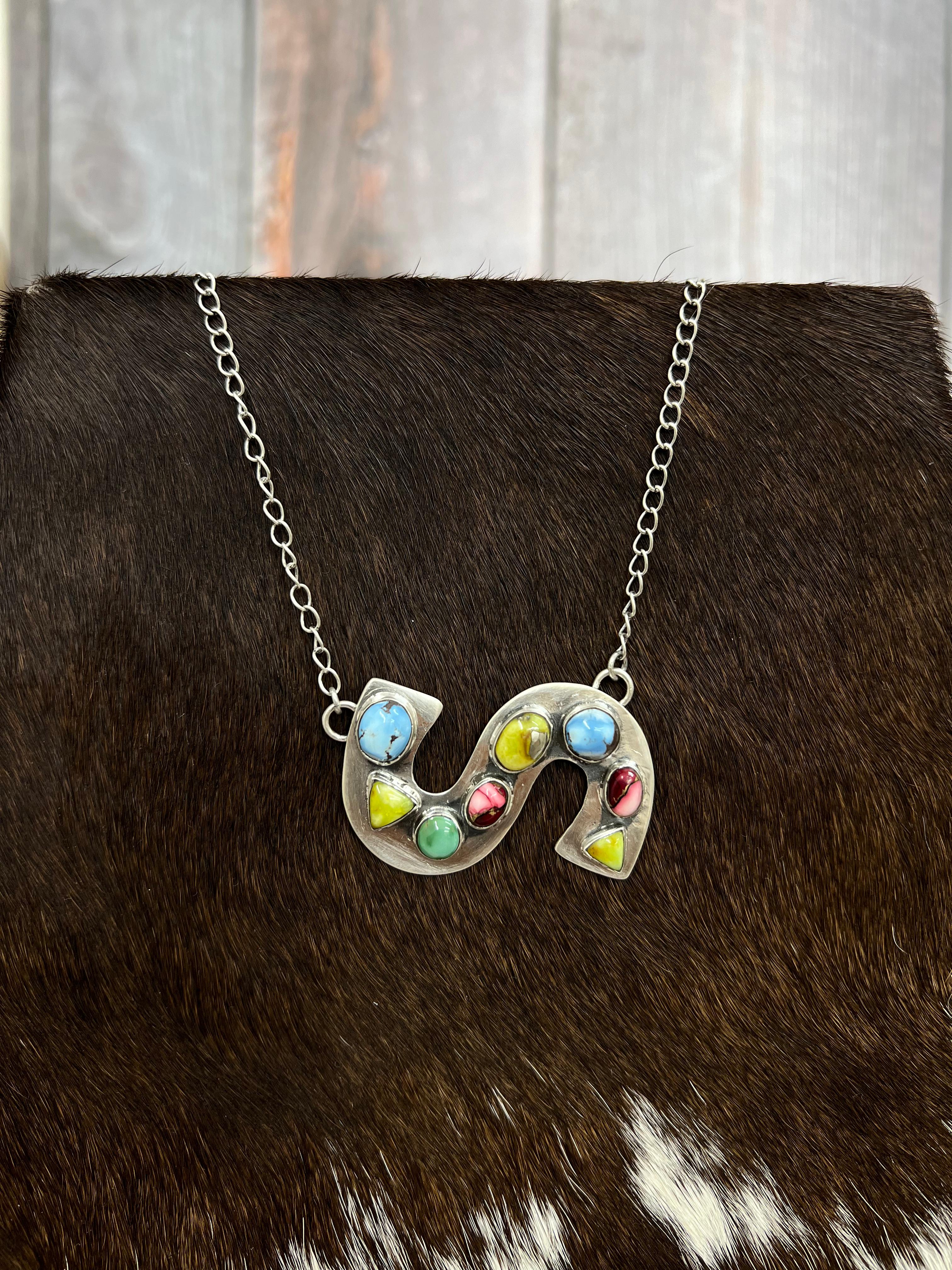 Handmade Sterling Silver Mix Multi Stone (S) Letter Necklace with Signed Nizhoni