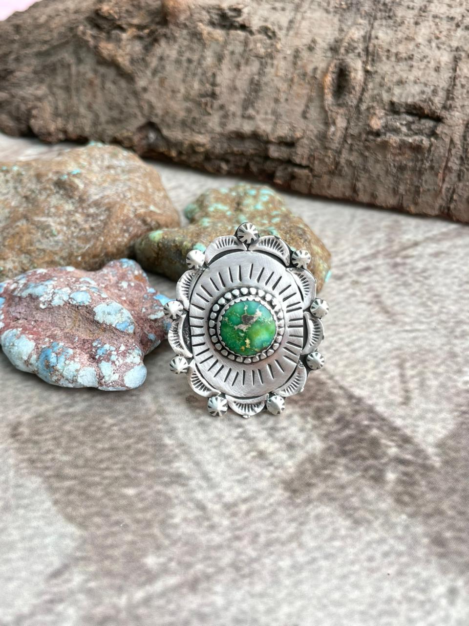 Handmade Sterling Silver Sonoran Mountain Turquoise Adjustable Ring with Signed Nizhoni