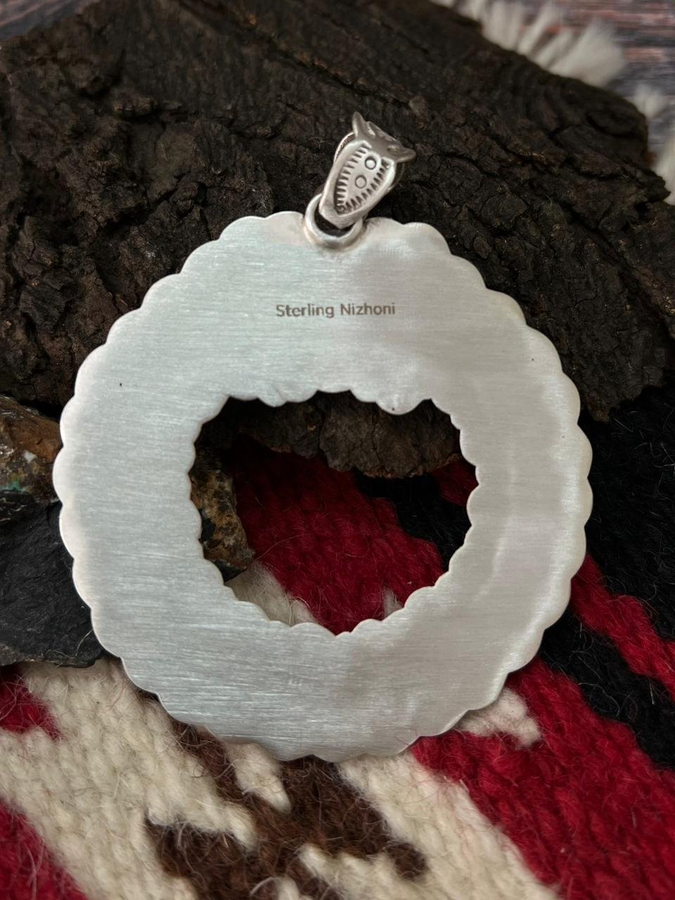 "Christmas Collection" Handmade Sterling Silver White Buffalo with Coral Pendant "Signed Nizhoni"